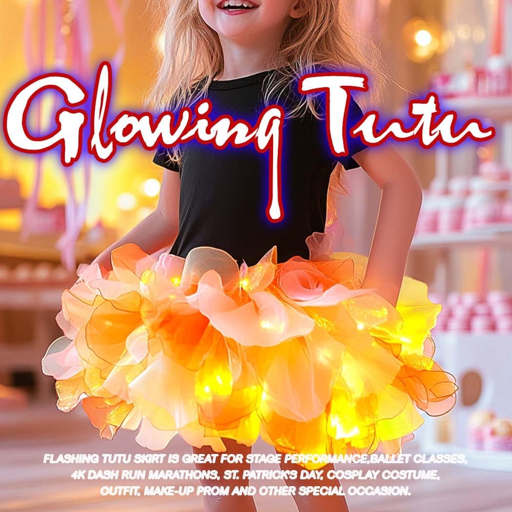 REETAN Light up Fairy Tutu Skirt Sparkly Orange Flower Layered Tutus Festival Ballet for Dance Costume (US, Alpha, One Size, Regular, Orange)