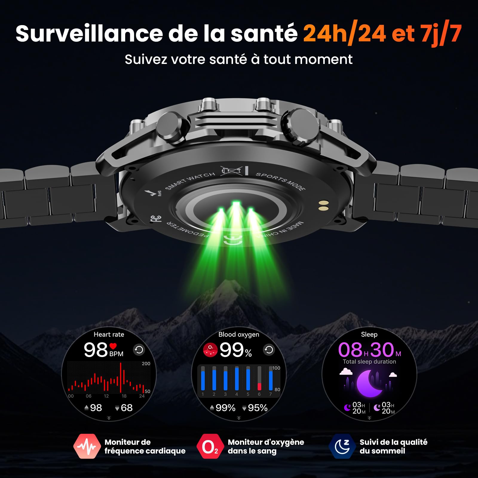 Montre Connectée Homme 1,52"HD Écran Smartwatch, 500 mAh Batterie et 120+ Modes Sportifs, Montre Connectée Militaire avec Fréquence Cardiaque/SpO2/Sommeil Moniteur et Lampe De Poche pour Android iOS