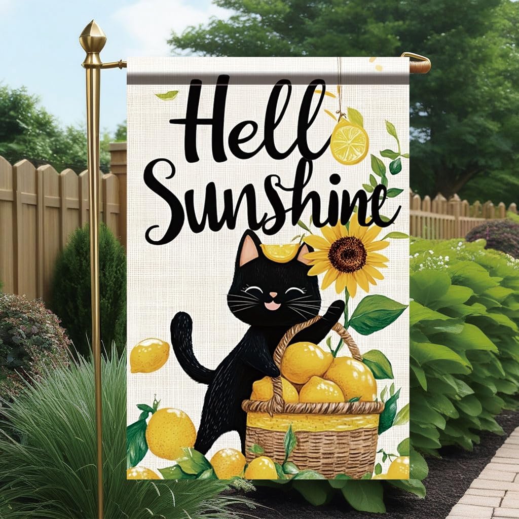 Hello Sunshine Cat Garden Flag 12x18 Inch Double Sided Outdoor Yard Banner Black Cat Lemon Basket Sunflower Design Summer Welcome Decoration for Porch Patio Lawn Garden Home Decor - Image 5