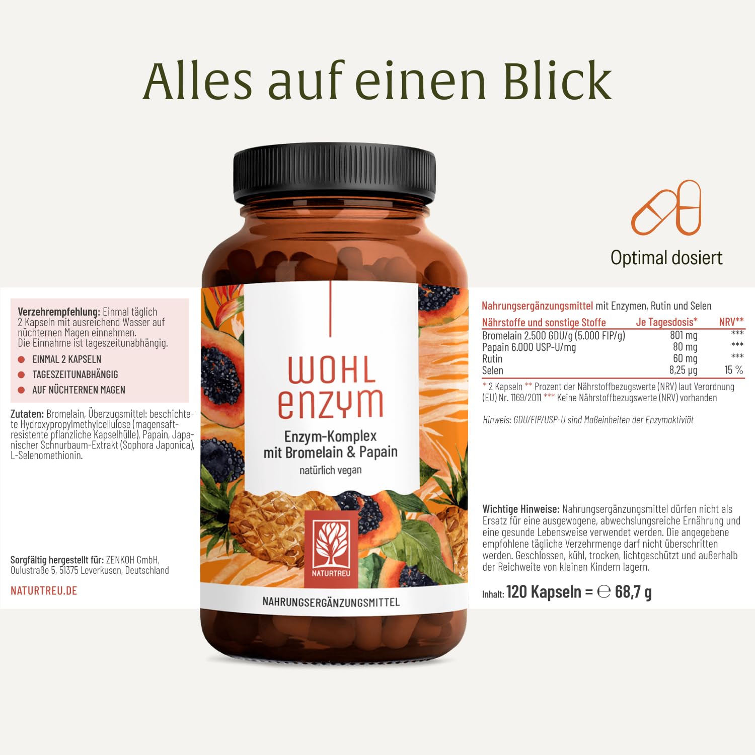 NATURTREU® Enzym Komplex mit 801mg Bromelain (5000 F.I.P), Papain, Rutin und Selen - Ananas & Papaya Enzym vegan - Immunsystem* Unterstützung - Magensaftresistente Kapseln