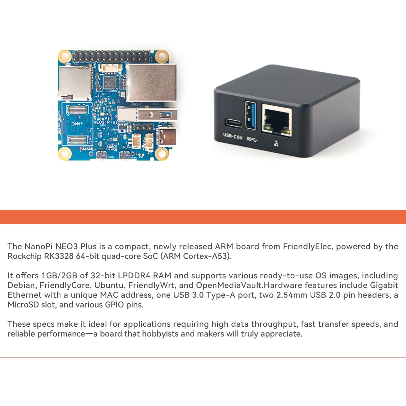 FriendlyElec NanoPi NEO3 Plus Mini Router, RK3528A, 1GB RAM, Single Board Computer, Gigabit Ethernet,USB 3.0, Support eMMC/OpenWrt for IoT NAS Smart Home (with 64GB eMMC,with Case)