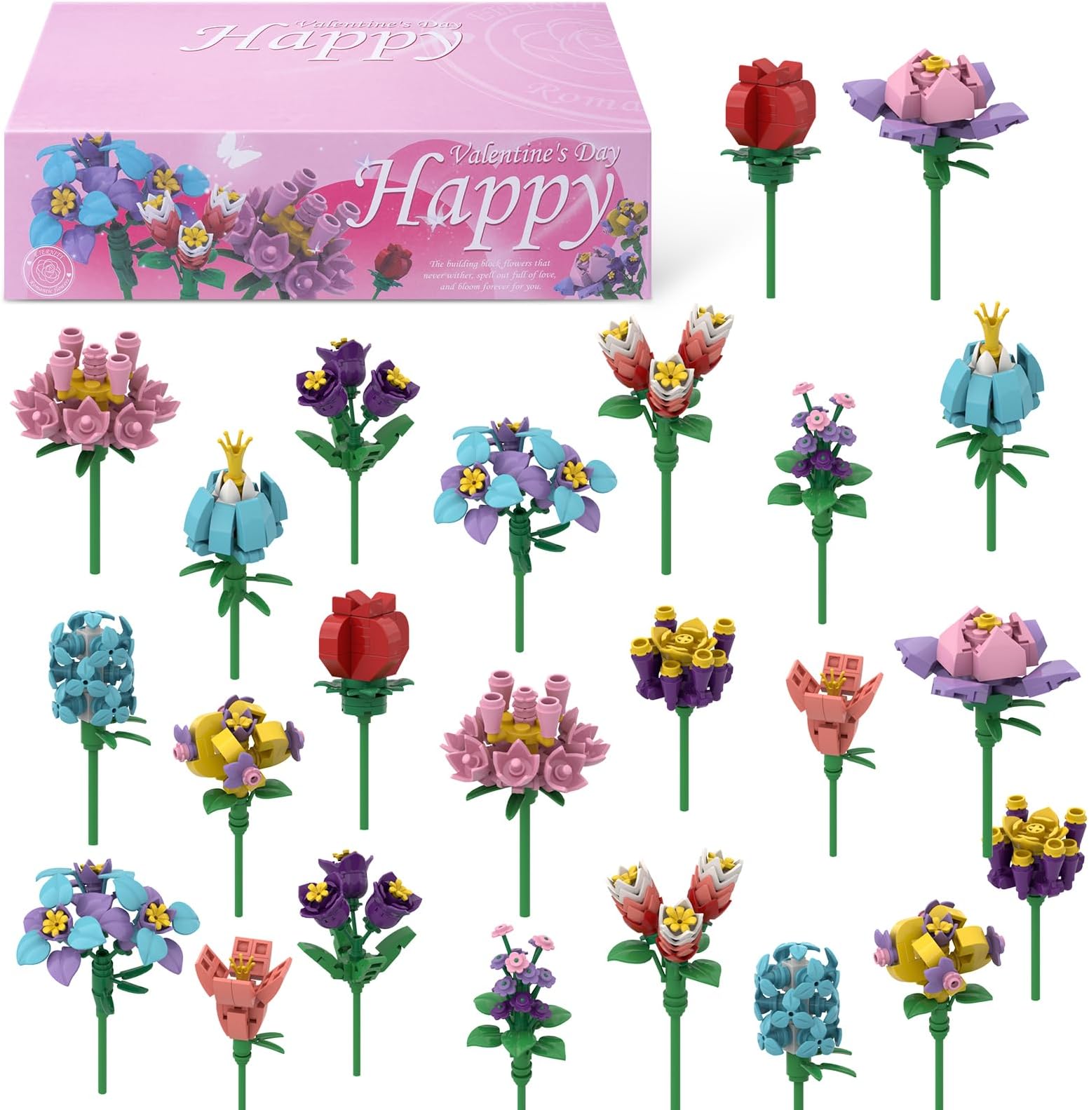 KOPHINYE Valentines Day Gifts for Kids, 24 Pack Flower Building Blocks Toys with Valentines Cards for Kids Classroom, Valentine Party Favors Exchange Gifts School, Party Favors