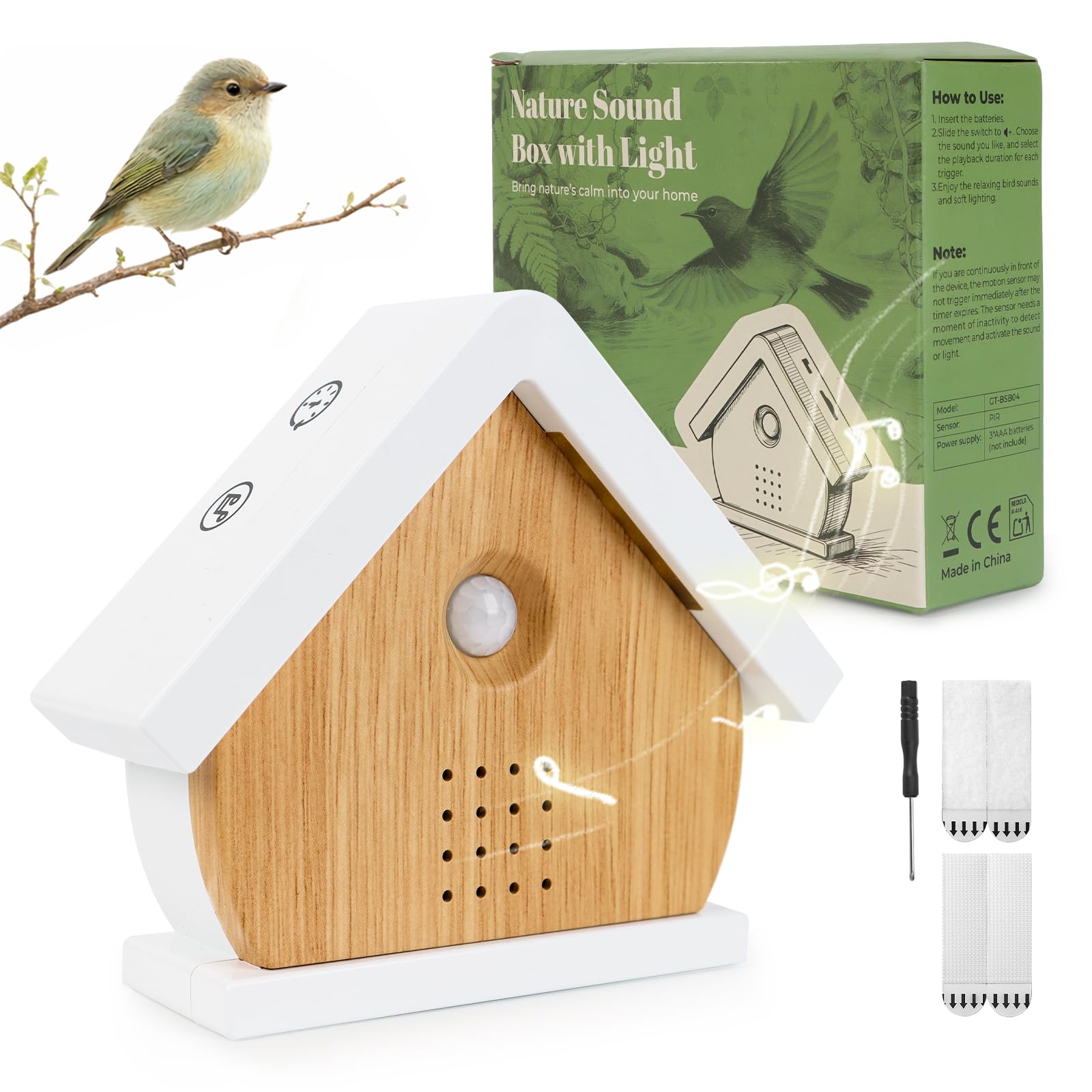 Natürliche Klangbox mit Bewegungssensor: 12 Naturgeräusche wie Vögel & Regen für Entspannung, Schlaf & Fokus. Inkl. Timer, Saugnapf + gratis Klettband zur flexiblen Montage.