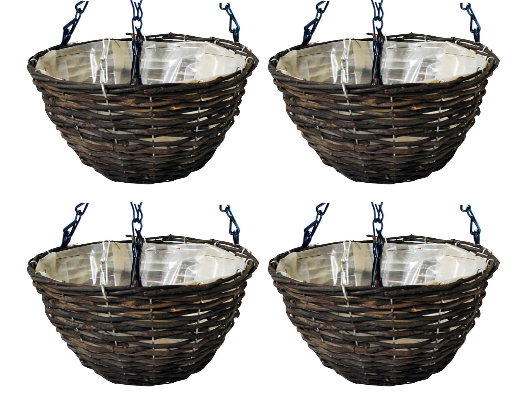Quickdraw 4 x Hanging Baskets 14 Inch Dark Wood Wicker Style Rattan Planters 4pcs