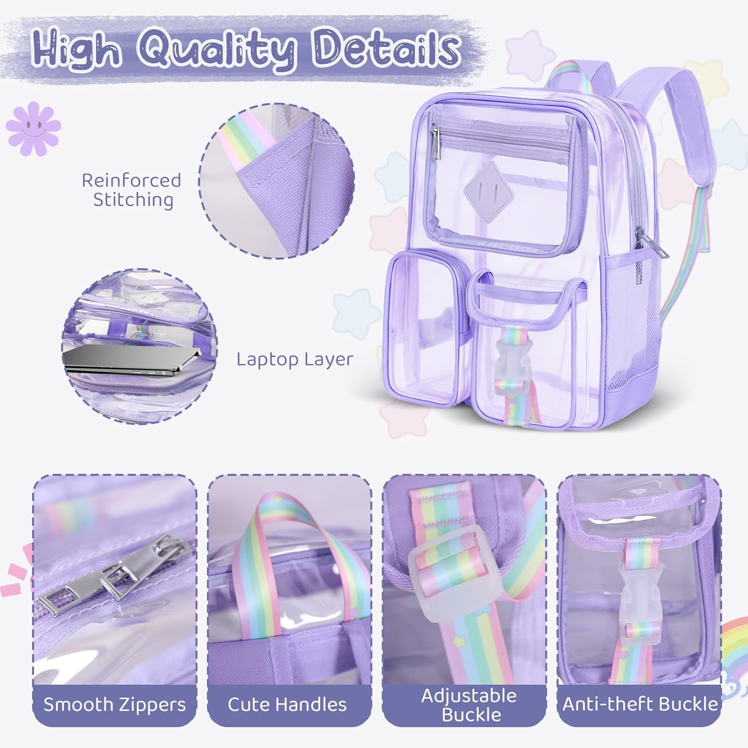 Clear Backpack for Stadium Events, Large Heavy Duty PVC Transparent Backpacks for Girls Women, See Through Backpack for School, Purple - Image 4