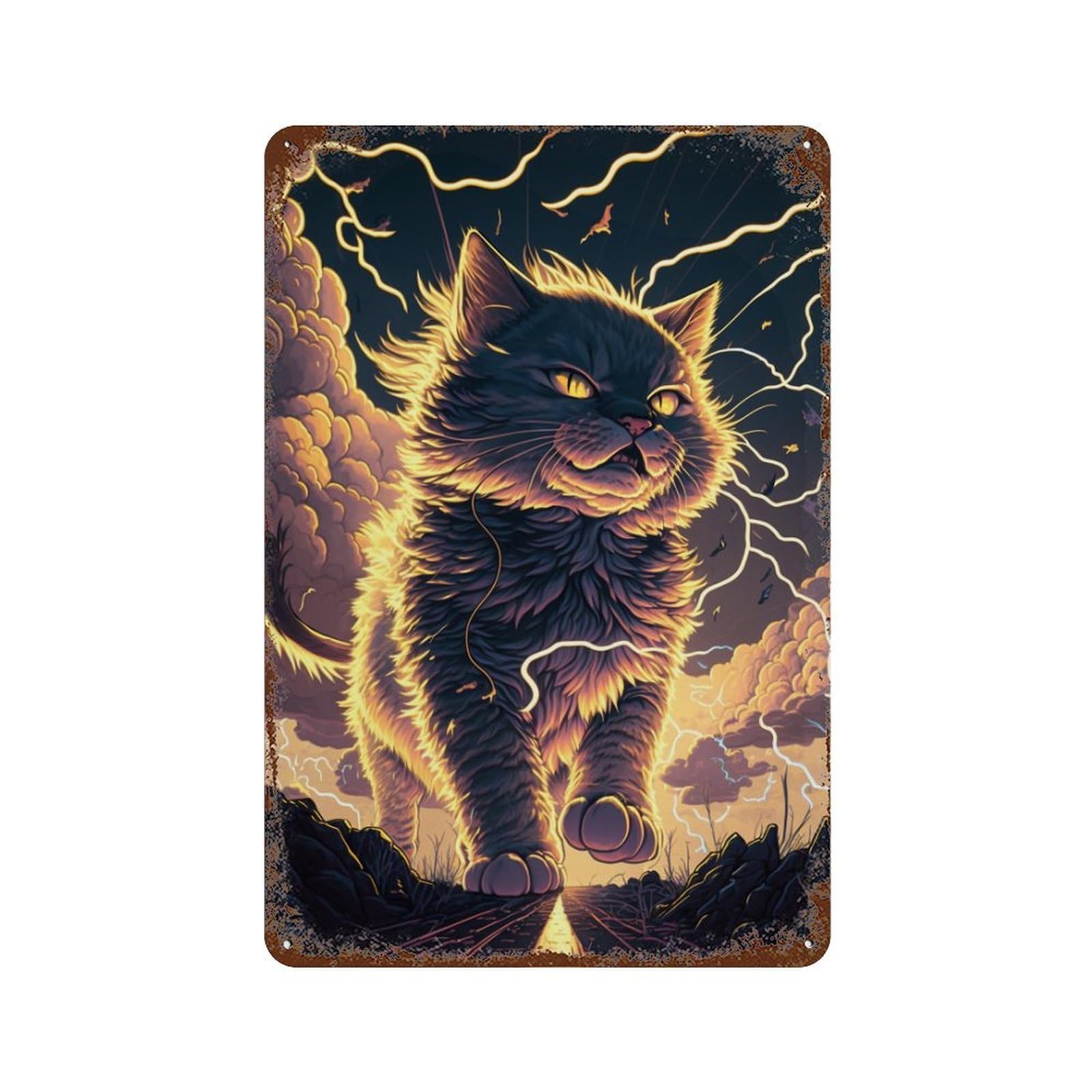 Thundering Cat Storm Artwork 11.8"x7.9" Vintage Rust Metal Sign, Classic Wall Plaque for Office, Studio And Wall Decor