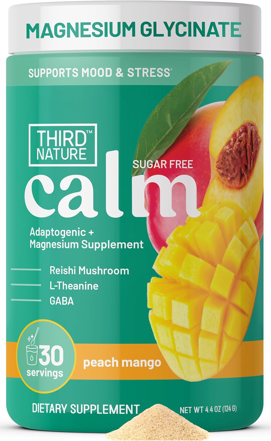 Third Nature Calming Drink Powder Jar with Magnesium Glycinate, GABA, L-Theanine & Reishi Mushroom - Adaptogenic Sugar Free Blend - Third Party Tested, Non-GMO - Peach Mango Flavor - 30 Servings