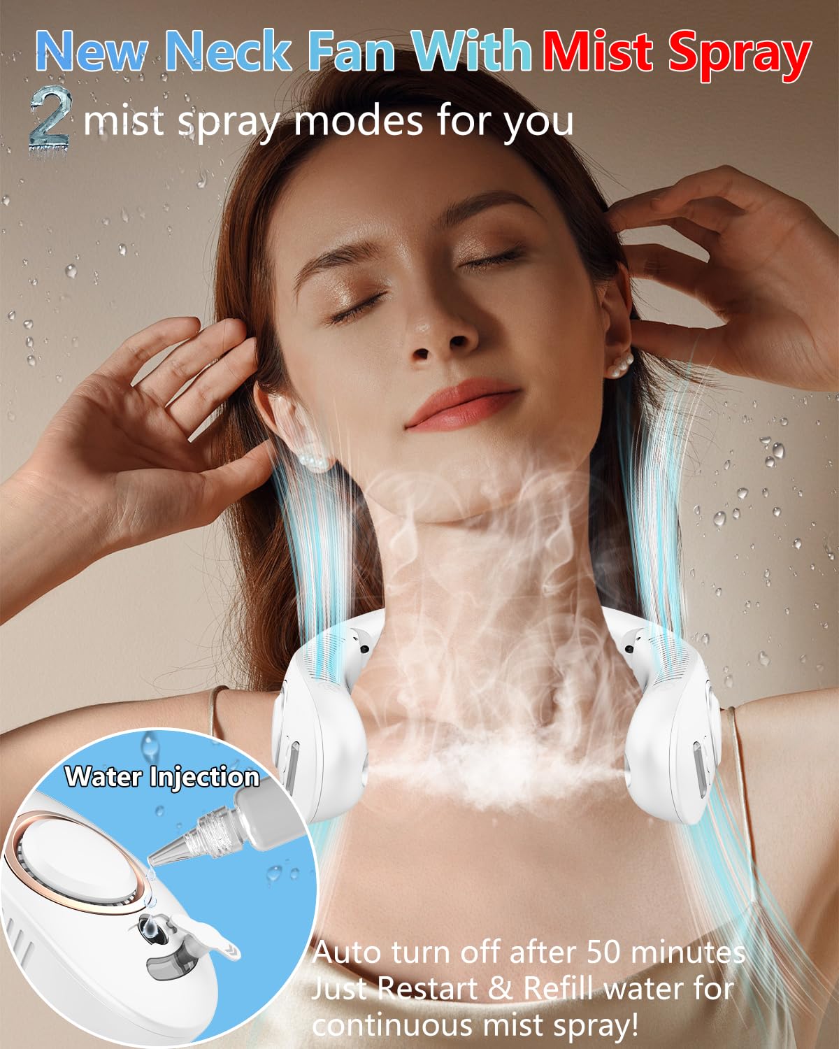 Ventilateurs de cou qui soufflent de l'air froid, ventilateur de cou brumisateur alimenté par batterie rechargeable, pliable, sans feuilles, mains libres, refroidisseur USB, mini brumisateur d'eau