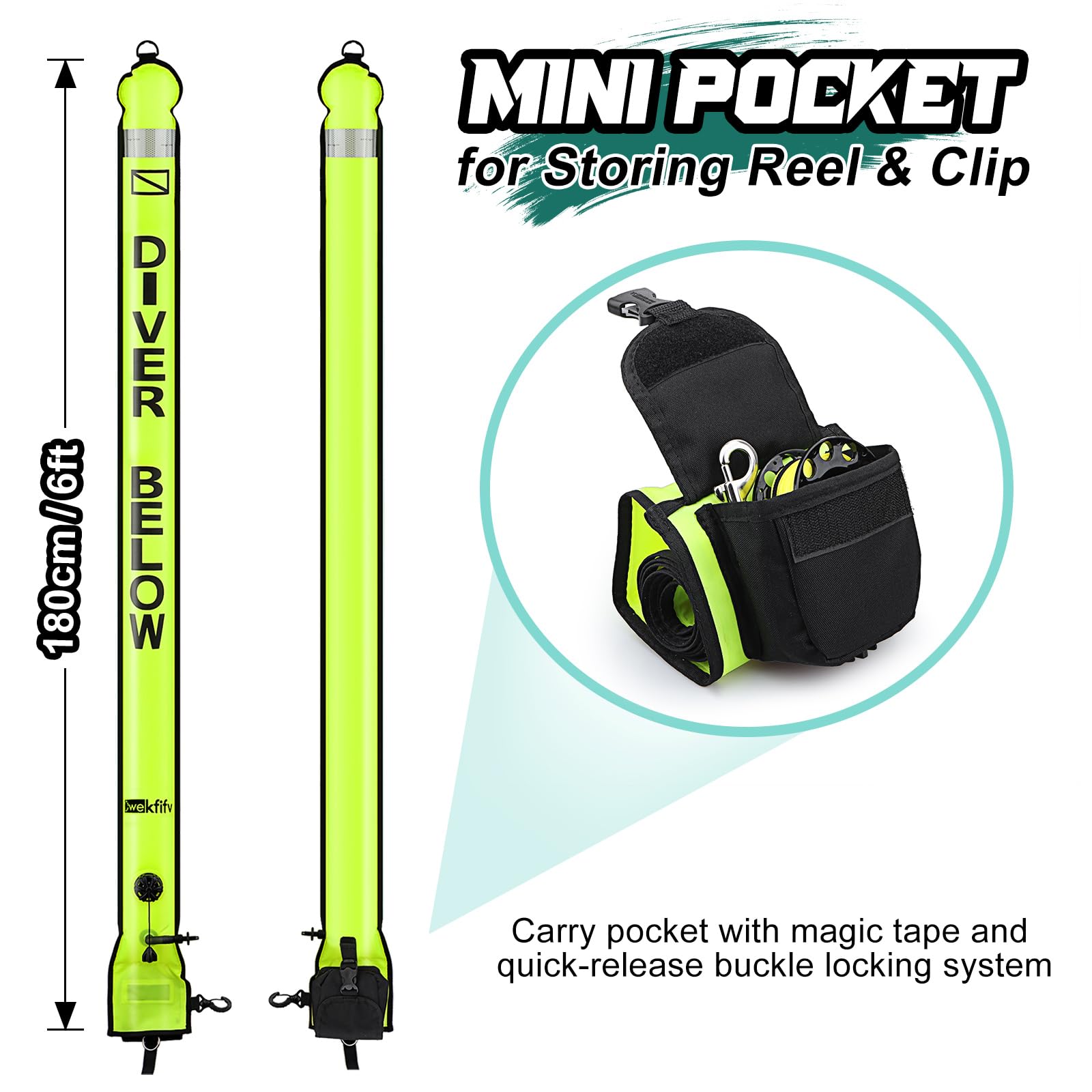 Surface Marker Boje und Tauchrolle, 1,8 m, hohe Sichtbarkeit, offener Boden, verzögerter SMB mit Spulen-Aufbewahrungstasche + 30,5 m Tauchspule und Clip