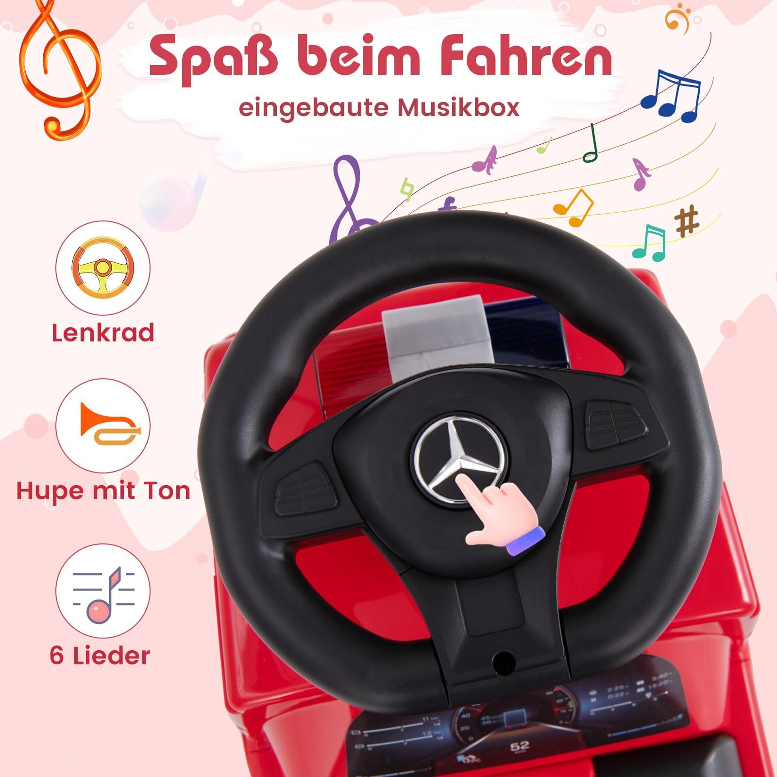 COSTWAY Mercedes Benz Rutschauto, Schiebeauto mit Stauraum & Musik & Hupe & Kippschutz, Kinder Rutscher Feuerwehrauto mit Warnlampe für Kinder ab 2 Jahren, Rot