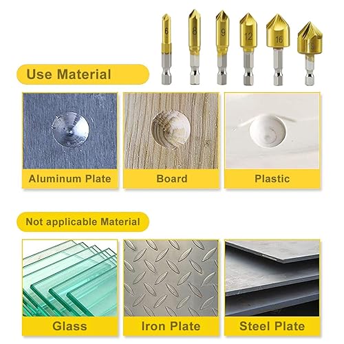 Miniatura 7 de Juego de 6 brocas avellanadas para contador de 5 flautas y herramientas de perforación central de 90 grados, vástago hexagonal HSS de 14 pulgadas