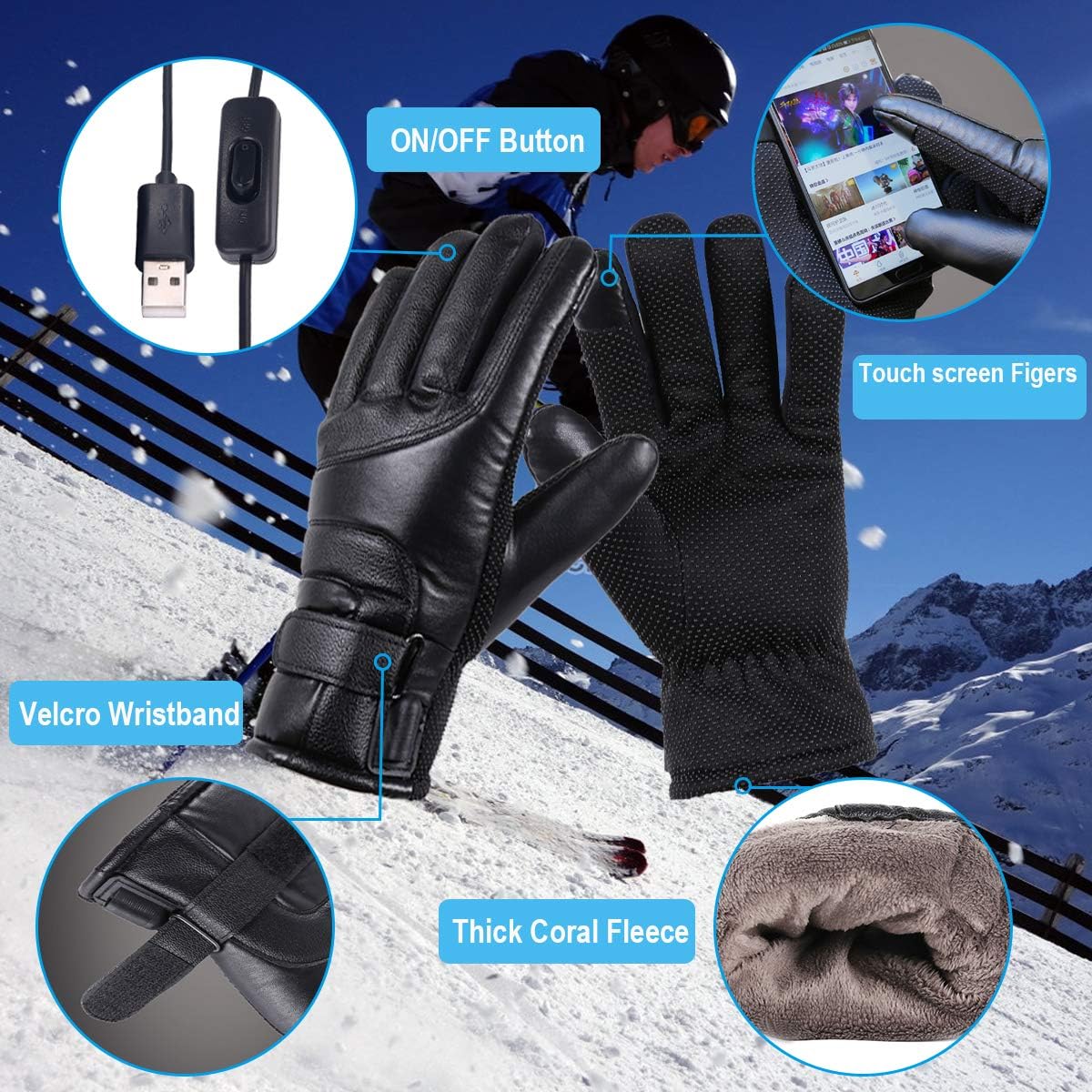 USB Heated Gloves Winter Electric Warming Gloves for Men and Women, Thermal Heated Gloves for Cycling, Hand Warmers for Men and Women, Waterproof Leather Heating Gloves for Fishing, Riding, Cycling