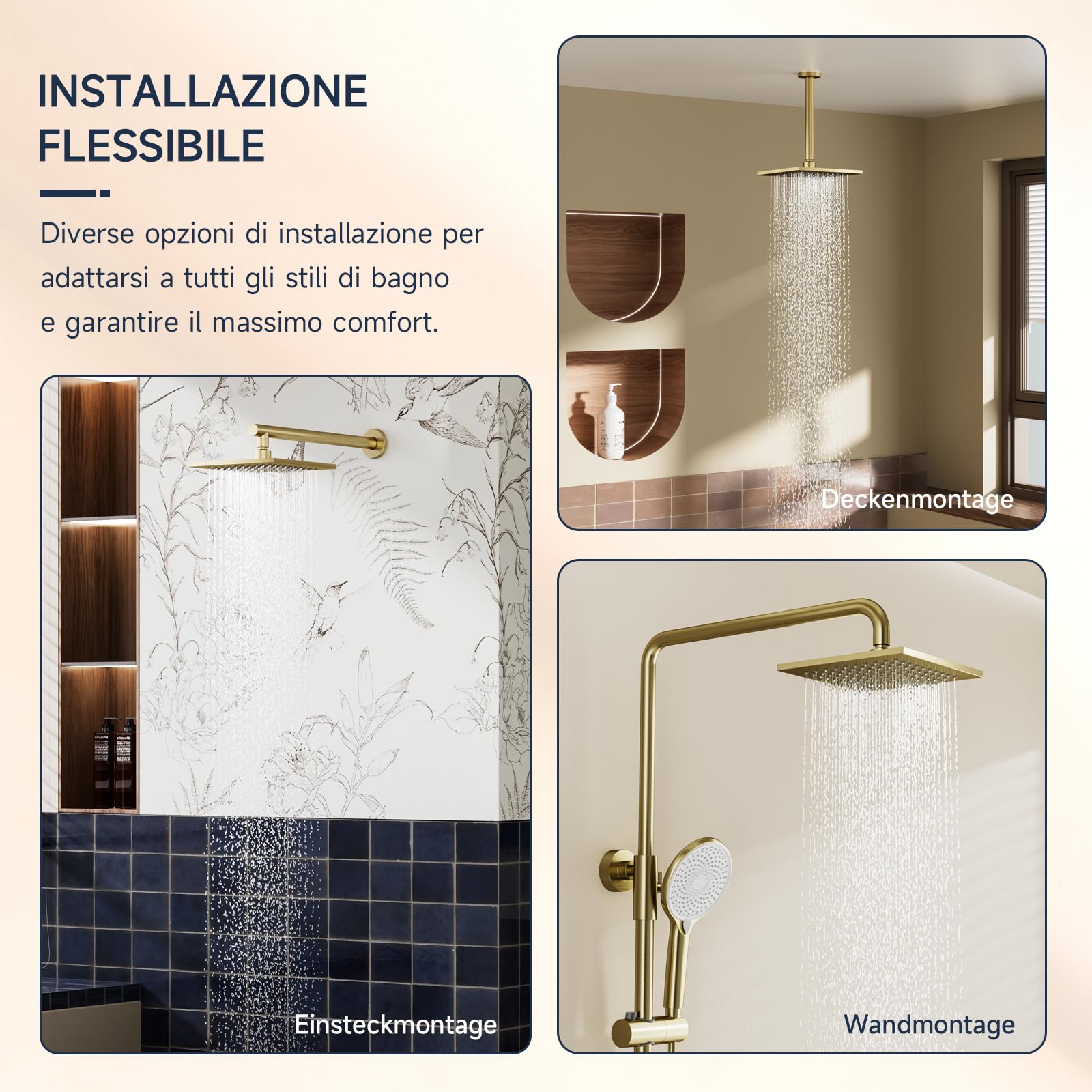 Soffione Doccia a pioggia,Oro quadrato soffione doccia a pioggia,8 pollici,Doccia in Acciaio Inossidabile con ugelli anticalcare,Testa Doccia Regolabile 360°,Può essere installato parete o soffitto