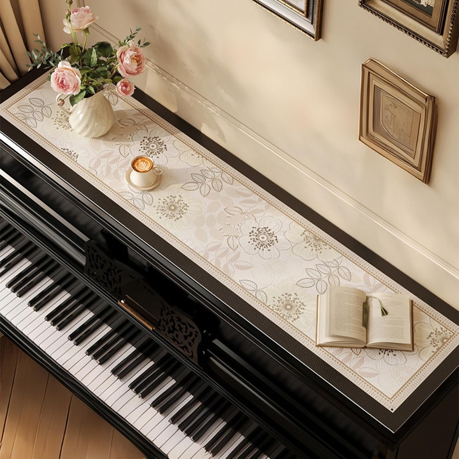 PVC Leather Runner for The Top of an Upright Piano/Musical Instruments/Dresser, Home Living Room TV Cabinet Dust Covers 18 16 14 12 Inch Wide Table Runner(Style-1,12x56in)