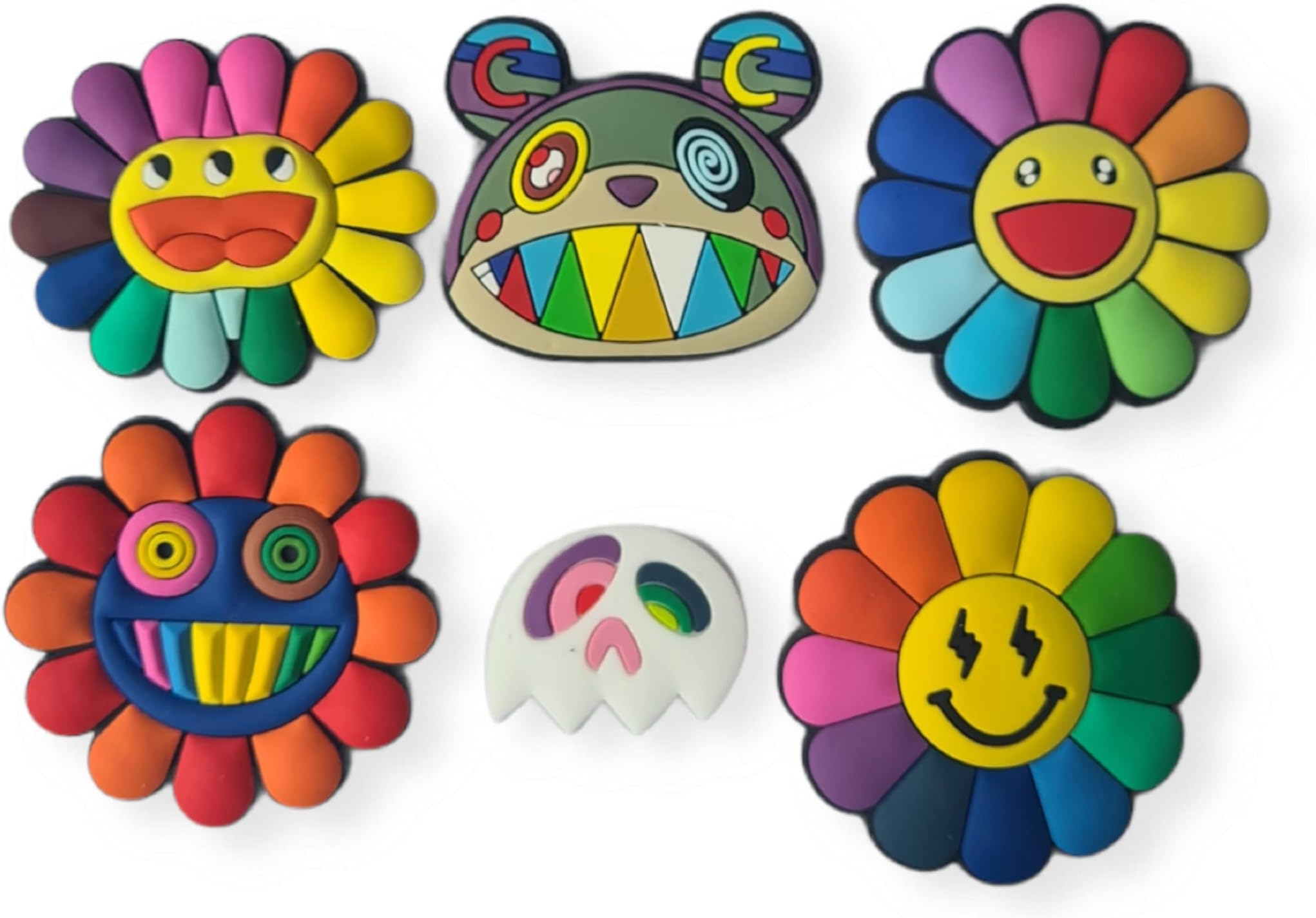 GDJEWLS 6 Pcs Takashi Murakami Flower Shoe Charms for Shoes, Wristbands and Bags Decoration | Non-Breakable, Non-Toxic PVC Shoes Shoe Charms | Fun Gift for Kids, Boys, Girls and Adults