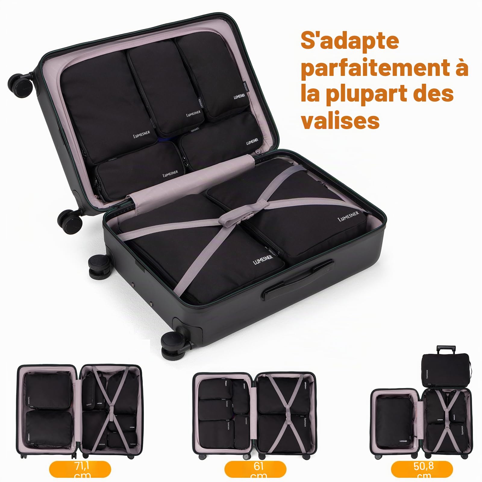 Lumesner Lot de 8 cubes d'emballage de compression pour valises de voyage, organiseurs de sacs de compression et cubes de voyage (8 pièces, noir)