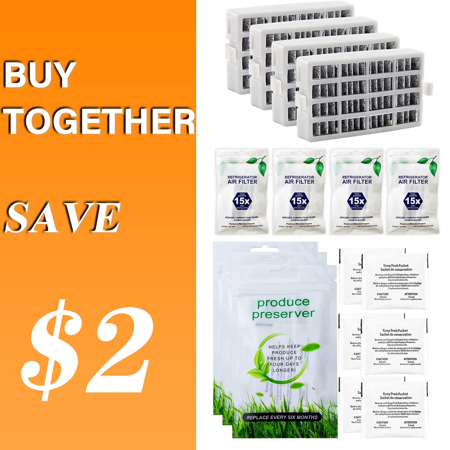 Funmit 4 Pack W10311524 AIR1 FreshFlow Air Filter and 6 Pack W10346771A FreshFlow Produce Preserver Replacement