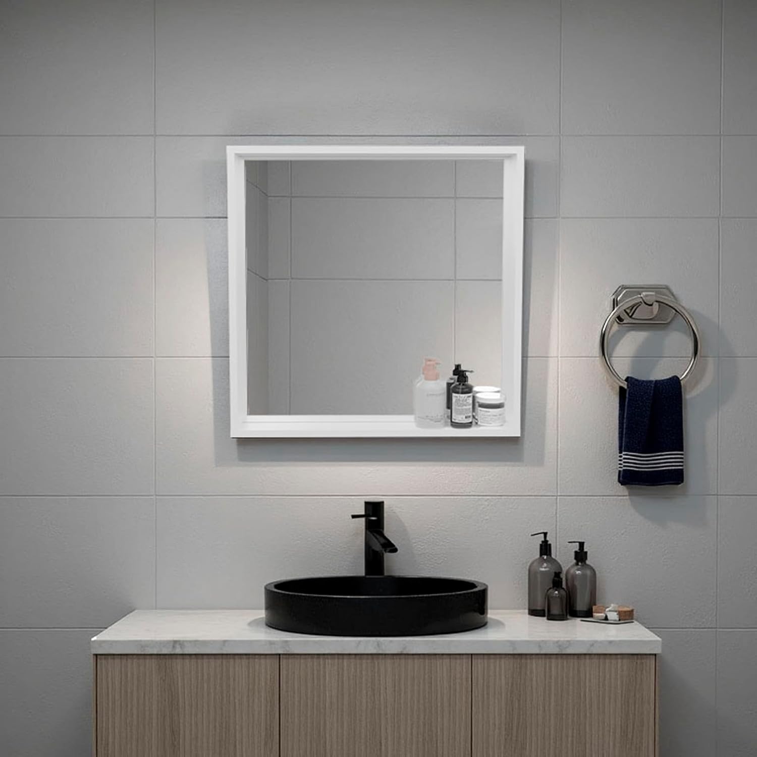 Wall Mounted Bathroom Mirror Cabinet with Storage, 23.6 x 23.6 x 2.9 in, White, Particle Board, Modern