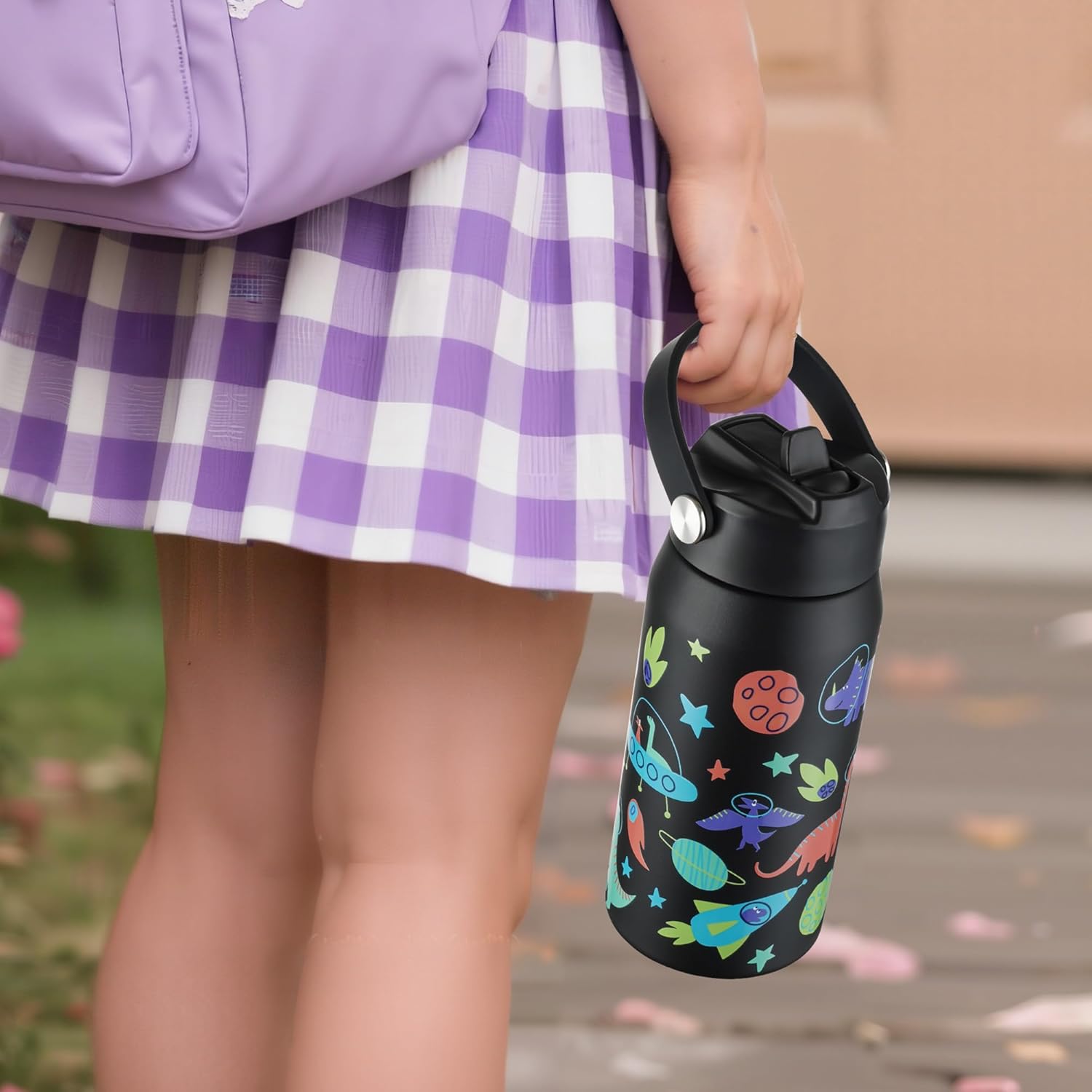 OLDLEY kids Water Bottle - 18oz Insulated Stainless Steel - Wide Straw Lid, Non Spill, Leakproof, Kids Water Bottle for School,Space Dinosaur - Image 8