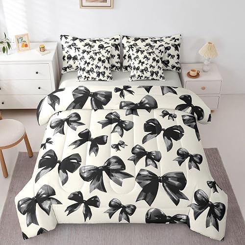 Feelyou Cute Black Bow Comforter Set with Sheets 7 Piece Twin Size