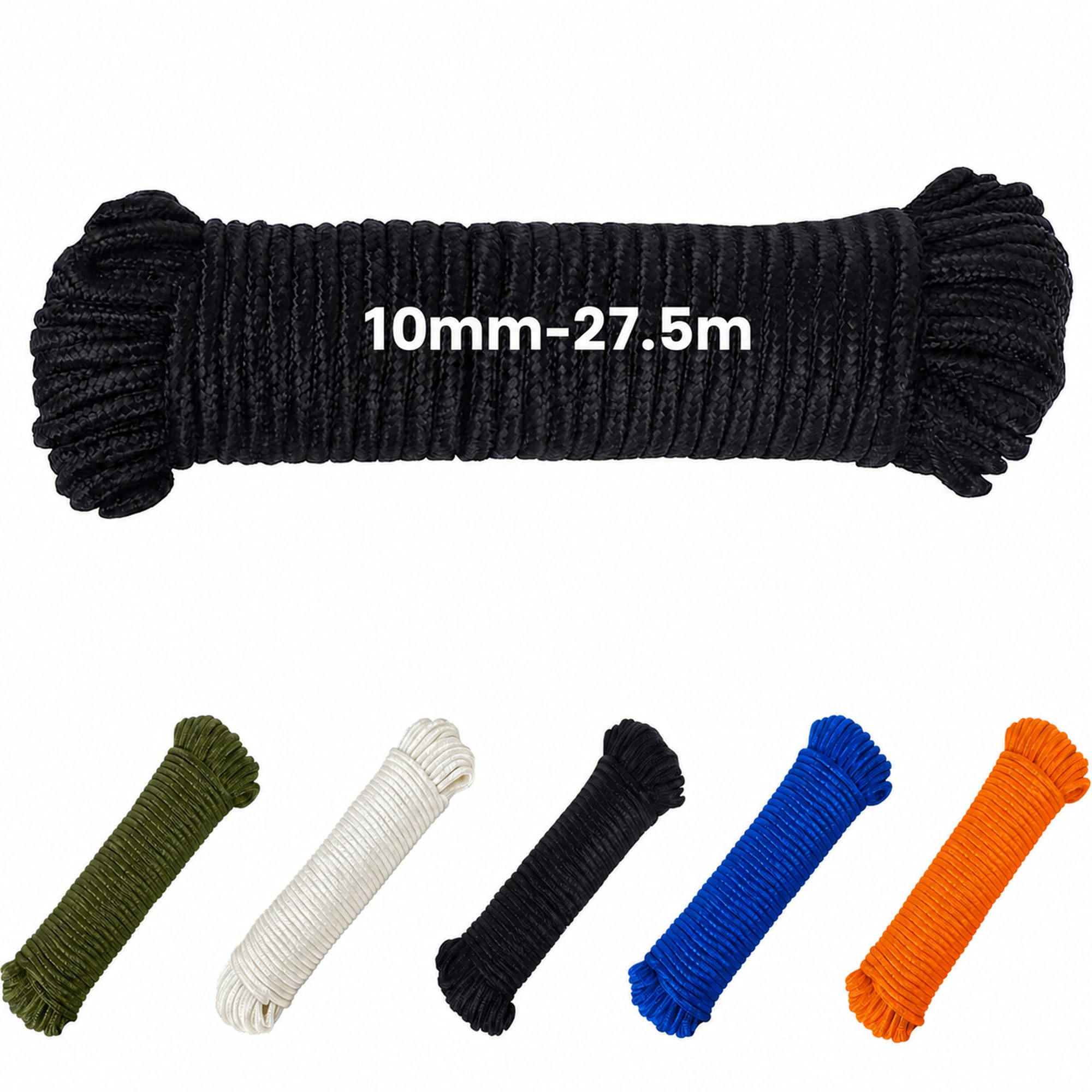 Utility Rope Diamond Braided Polypropylene Rope, Strong Lightweight All Purpose Cord for Camping, Garden, Marine, DIY, Flag Pole, Clothes Line, Indoor Outdoor Use, 6mm/10mm, 27.5m/46m，Black：10mm-27.5m