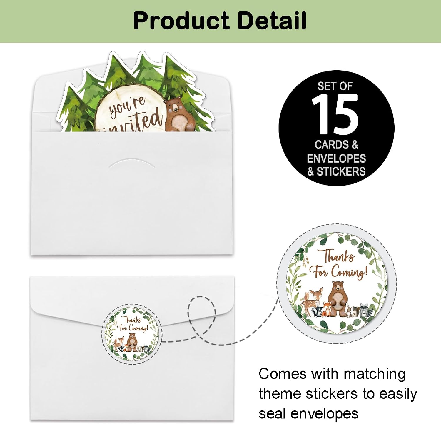 REWIDPARTY Woodland Animals Birthday Party Invitations with Envelopes & Stickers（Set of 15） Forest Animals Shaped Fill-in Invitations Woodland Greenery Invites Birthday Baby Shower Party Supplies