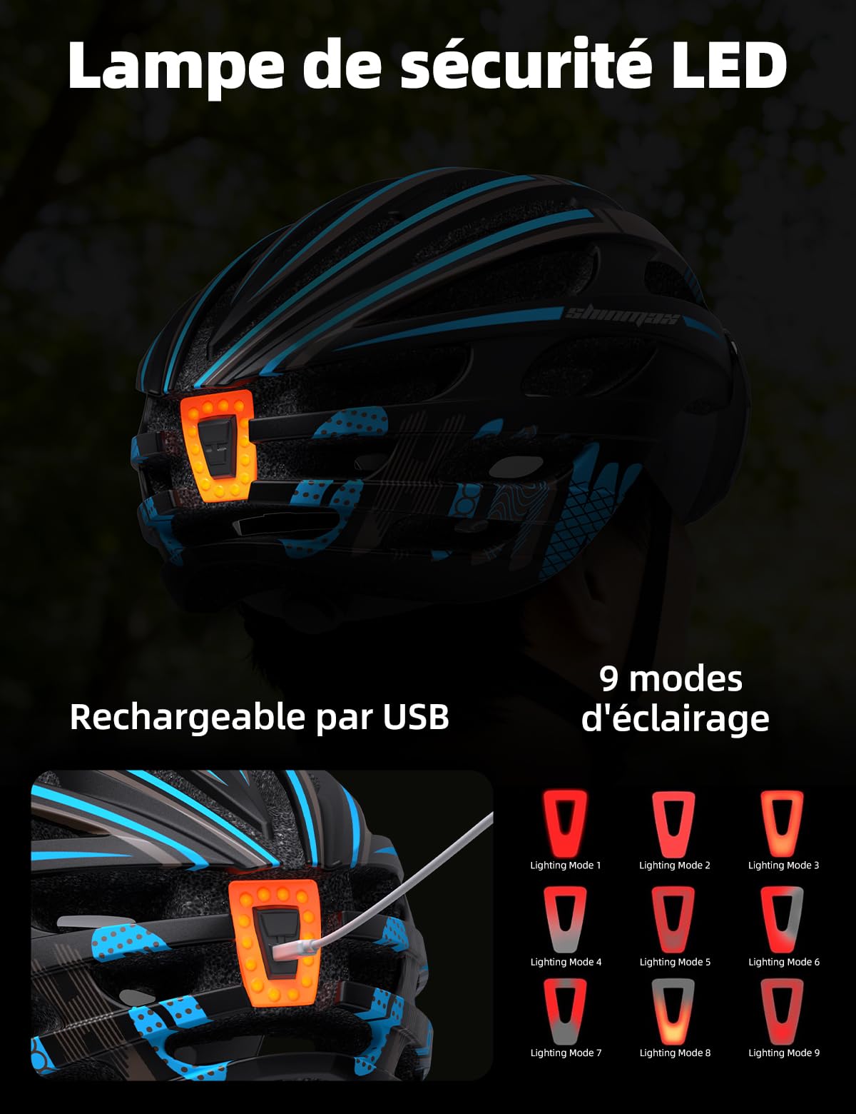 Shinmax Casque Vélo Homme Femme avec Lumière USB Visière Magnétique Certifié CE 57-62CM RC-049