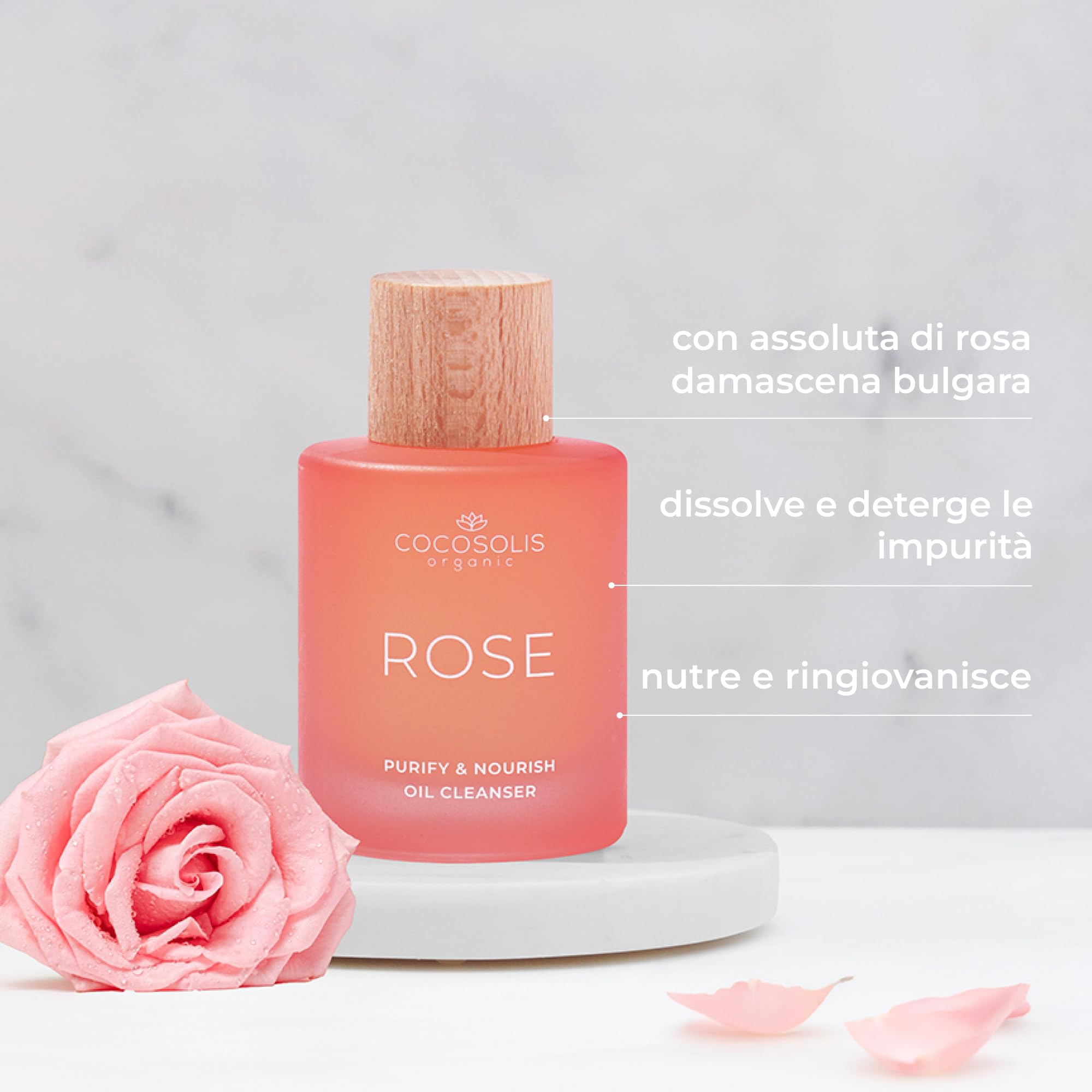 COCOSOLIS ROSE Purify & Nourish Oil Cleanser, olio detergente idratante e struccante, vegano, con estratto di rosa e vitamina E
