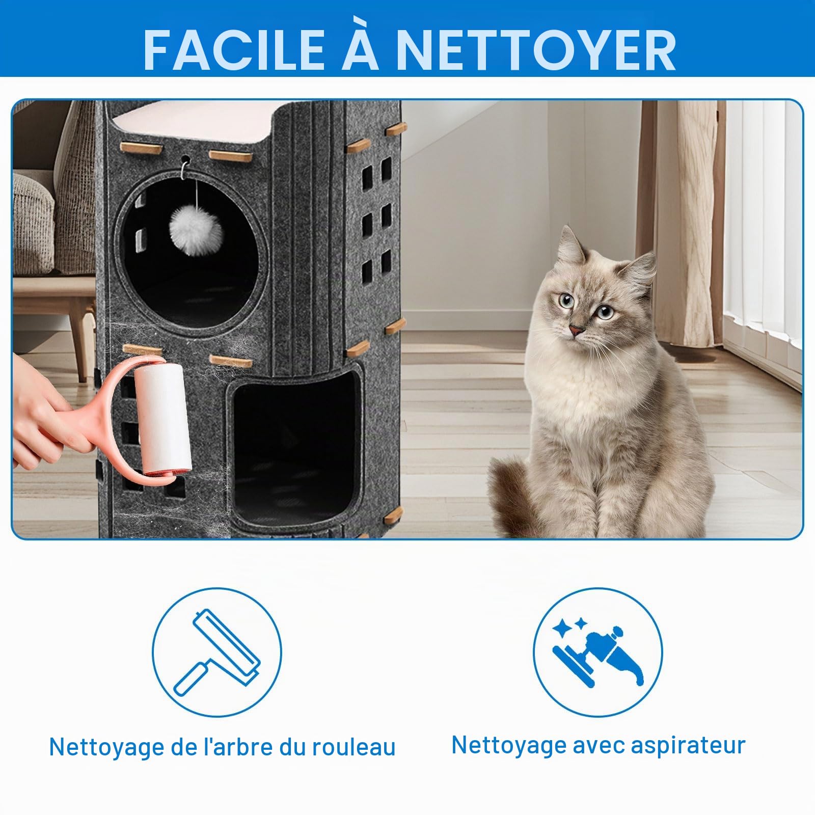 Niche pour chat en feutre, grand lit pour chat avec griffoir et balle de jeu, grotte pour l'intérieur des petits chats, protection des ongles de chat, cube d'intérieur pour chat, design chaud, gris
