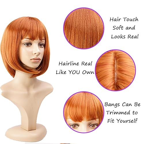 Miniatura 10 de Peluca corta roja con flequillo, pelucas de estilo Bob natural de 12 pulgadas para mujer, peluca sintética de colores bonitos para fiestas diarias