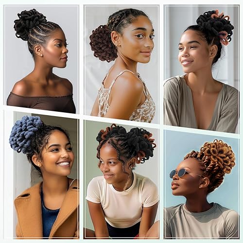 Miniatura 6 de Abellee 2 moños de Loc para mujeres negras, 8 pulgadas, moño de pétalos de Loc, Afro, cola de caballo alta, cordón de coleta, extensiones de cabello