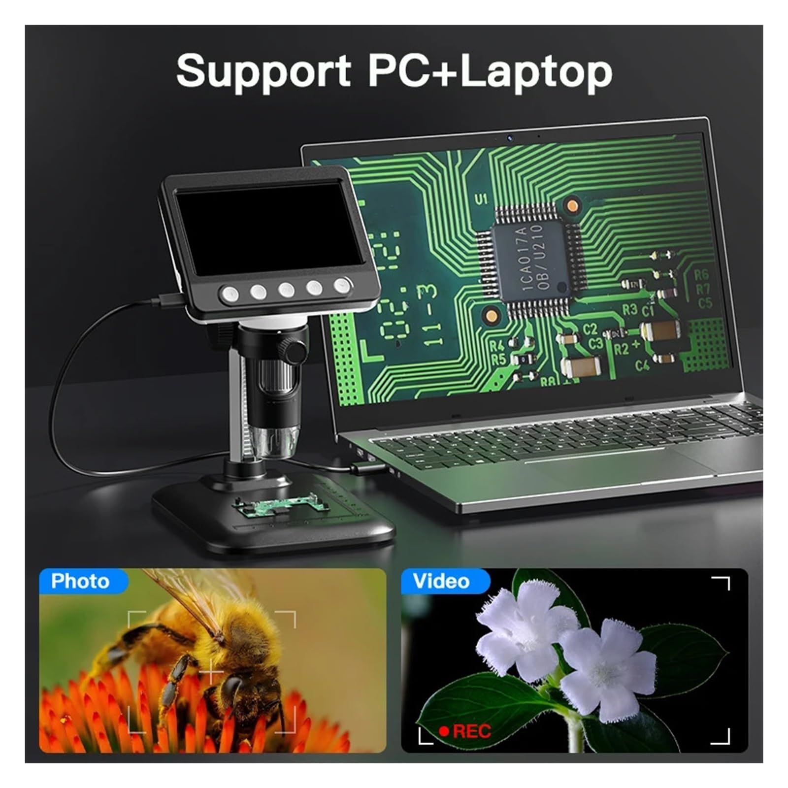 4,3-calowy cyfrowy mikroskop IPS 1600X powiększenie zoom nagrywanie wideo moneta do elektroniki lutowanie naprawa telefonu PCB 8led