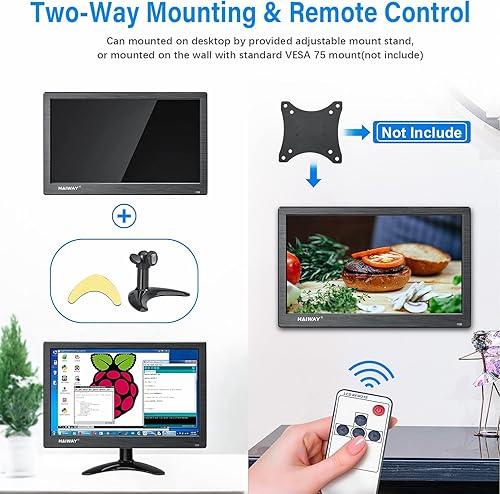 Miniatura 31 de Monitor de seguridad de 10.1 pulgadas, resolución de 1024 x 600, pequeño monitor HDMI, monitores de computadora pequeños con control remoto