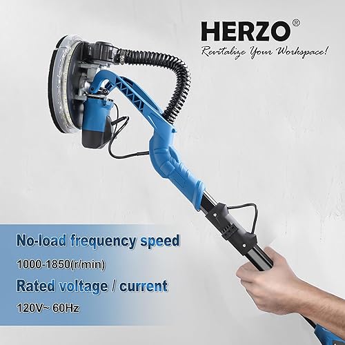 Miniatura 7 de HERZO Lijadora eléctrica para paneles de yeso, 750 W 6.5 A con velocidad variable de 1000 a 1850 RPM, accesorio al vacío, potente lijadora de pared