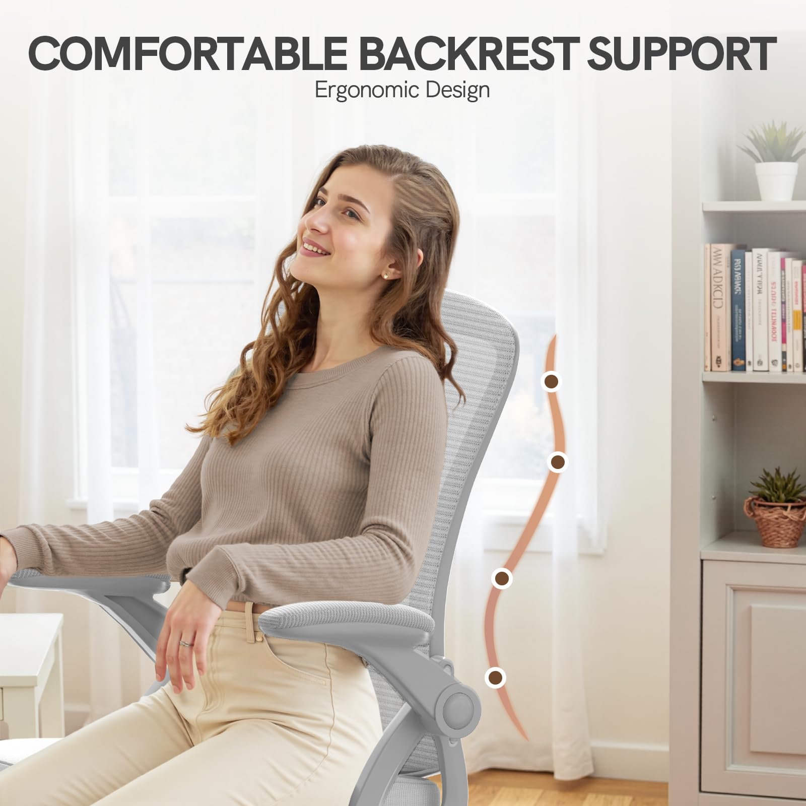 Silla de oficina ergonómica con reposabrazos abatibles de 90° y soporte lumbar, cojín de asiento de esponja de alta densidad, con elevación de gas (capacidad de 150 kg) y respaldo de malla