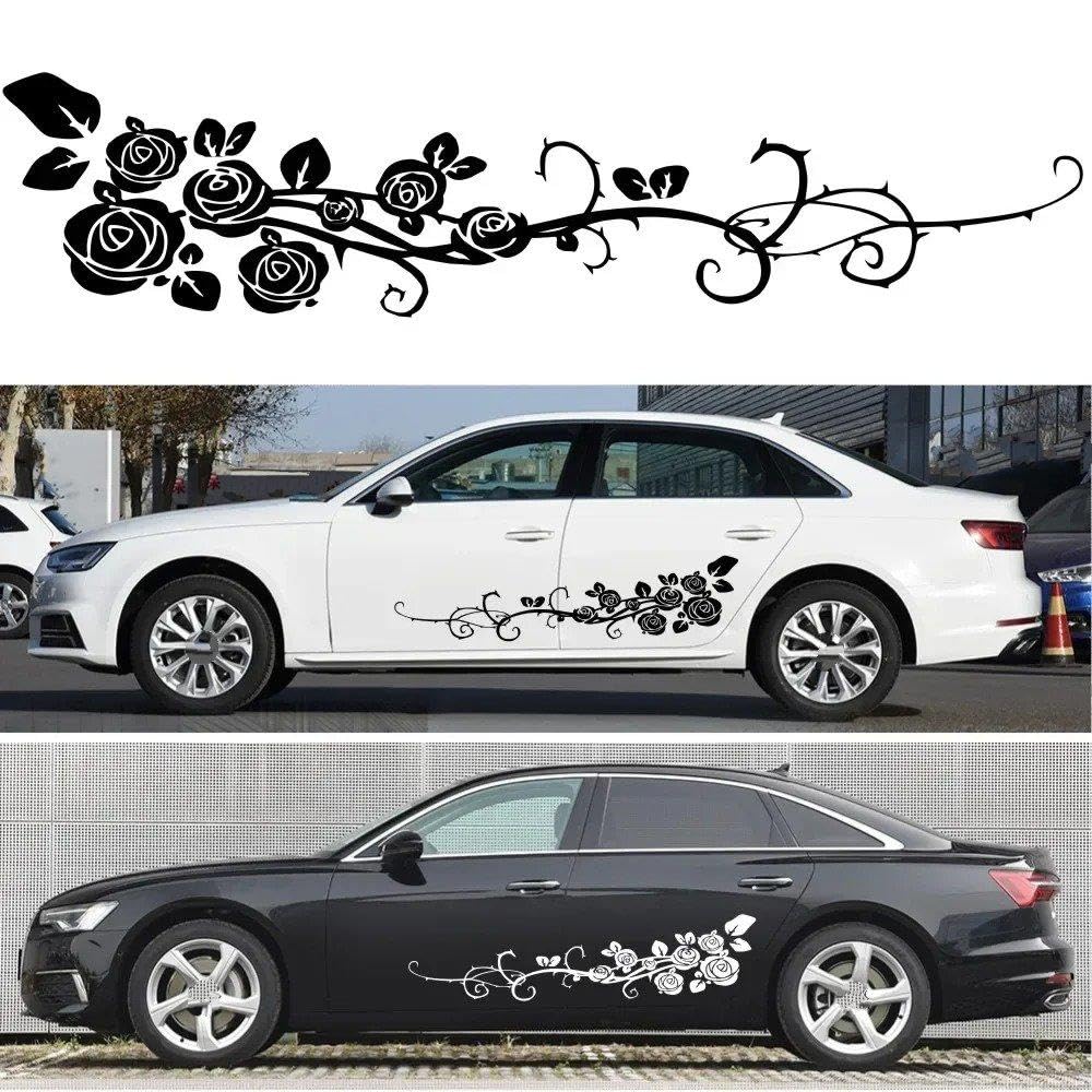 Seitentür-Vinyl-Autoaufkleber Mit Blumenmuster, Dekoration, Rosenblütenranke Fahrzeugaufkleber(Blue)