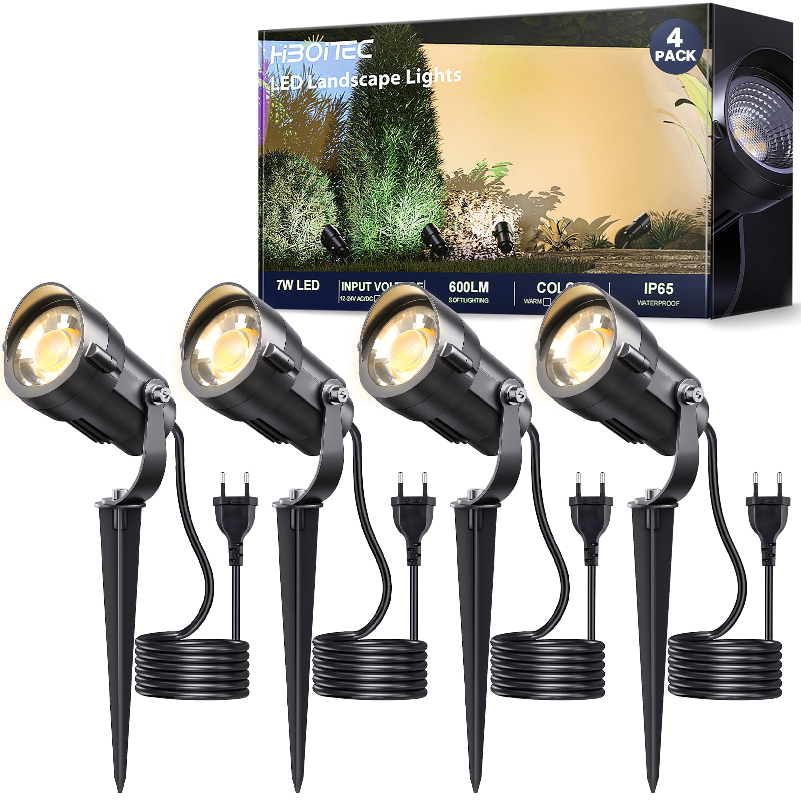 HIBOITEC 7W Gartenlampe für Draußen Strom, 4 Stück 2700K Warmweiß Gartenbeleuchtung mit Erdspieß 1,5 m Stecker, IP65 Wasserdichte Led Gartenstrahler für Hof, Gehweg, Garten, Terrasse, Wegen