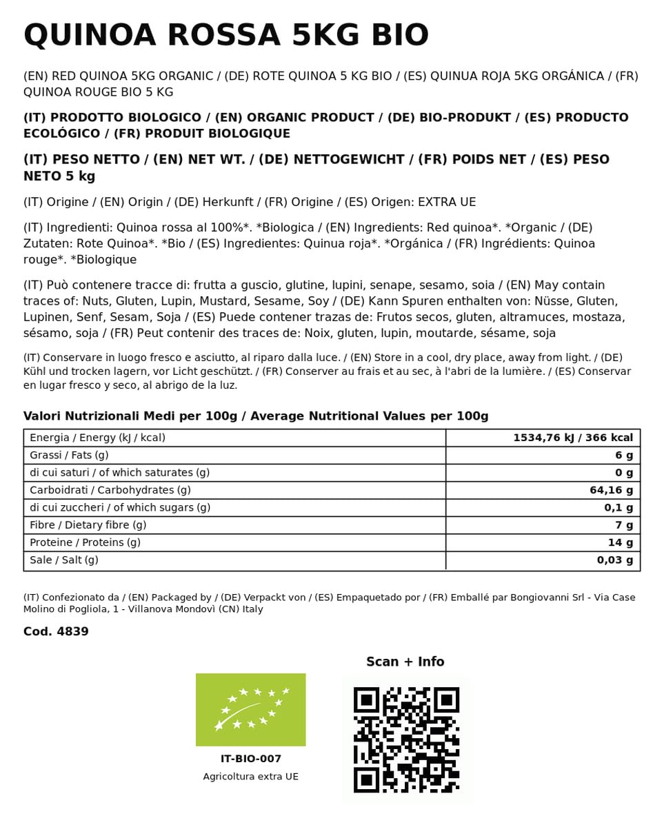 BONGIOVANNI FARINE E BONTA' NATURALI Quinoa rossa 5Kg BIO