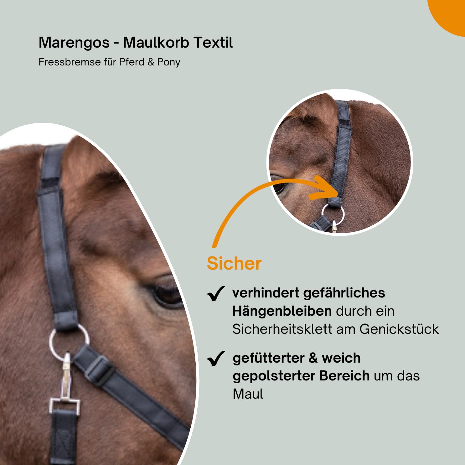 Marengos - Maulkorb Textil – Fressbremse Pferd & Pony – zur Kontrolle von Grasverzehr & bei Krankheit – gefüttert & stufenlos einstellbar – Schwarz/Grau für Shetty, Pony, Voll- & Warmblut