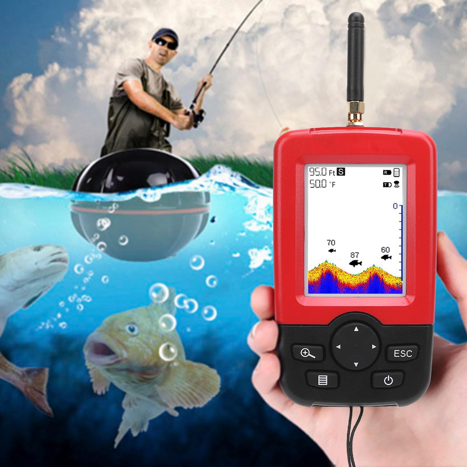 Tragbarer Fischfinder, 2,8-Zoll-HD-Display 2,4 G Drahtloser Fischfinder Sonarsensor 2-148 Fuß Wassertiefe Locator für Eisfischereifischerei