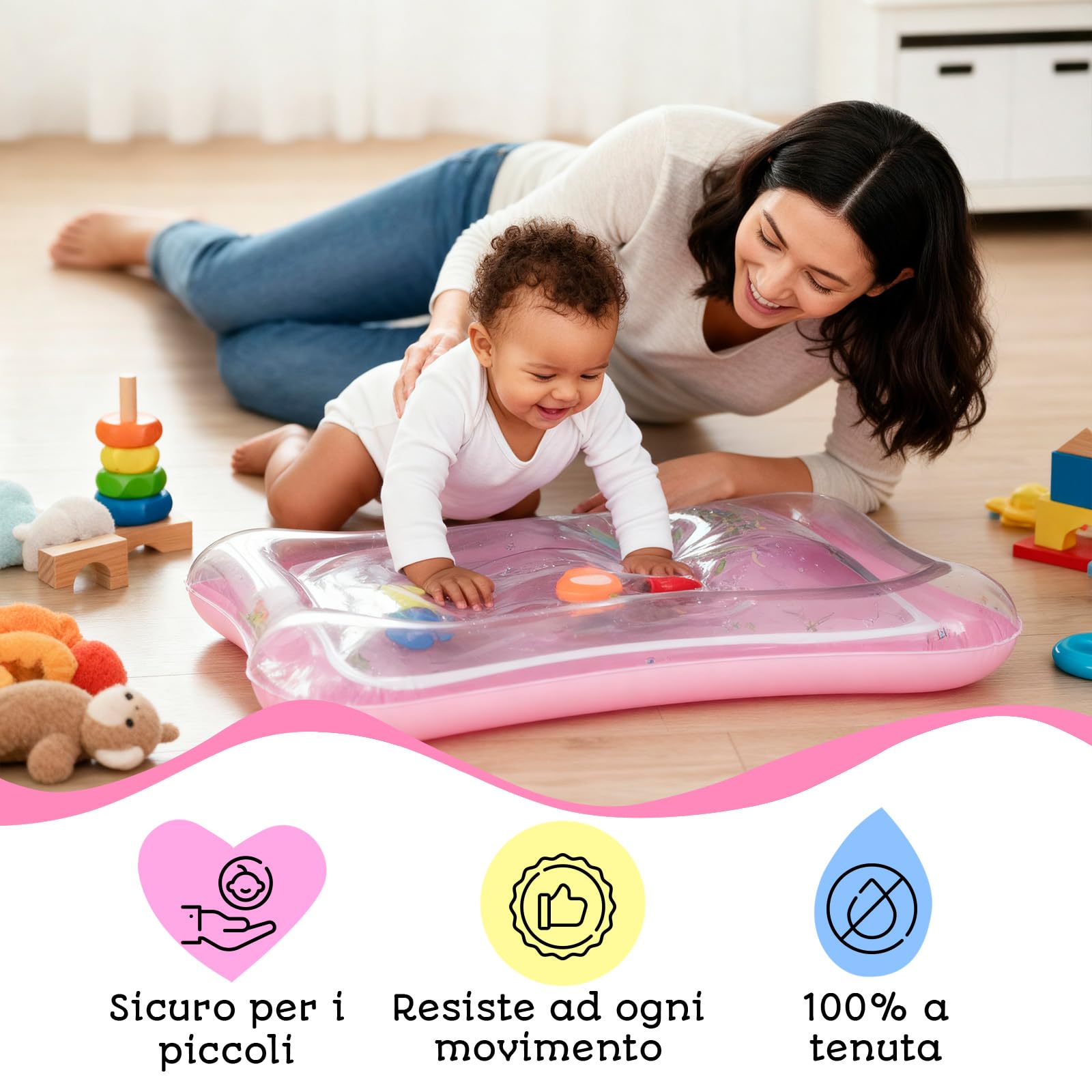 Tappetino Acqua Neonato – Tappeto Sensoriale Gonfiabile per Tummy Time - Gioco Neonati - Tappetino ad Acqua per Bambini 100% Senza BPA - Tappeto Gonfiabile per Neonati – Rosa - Avec Maman