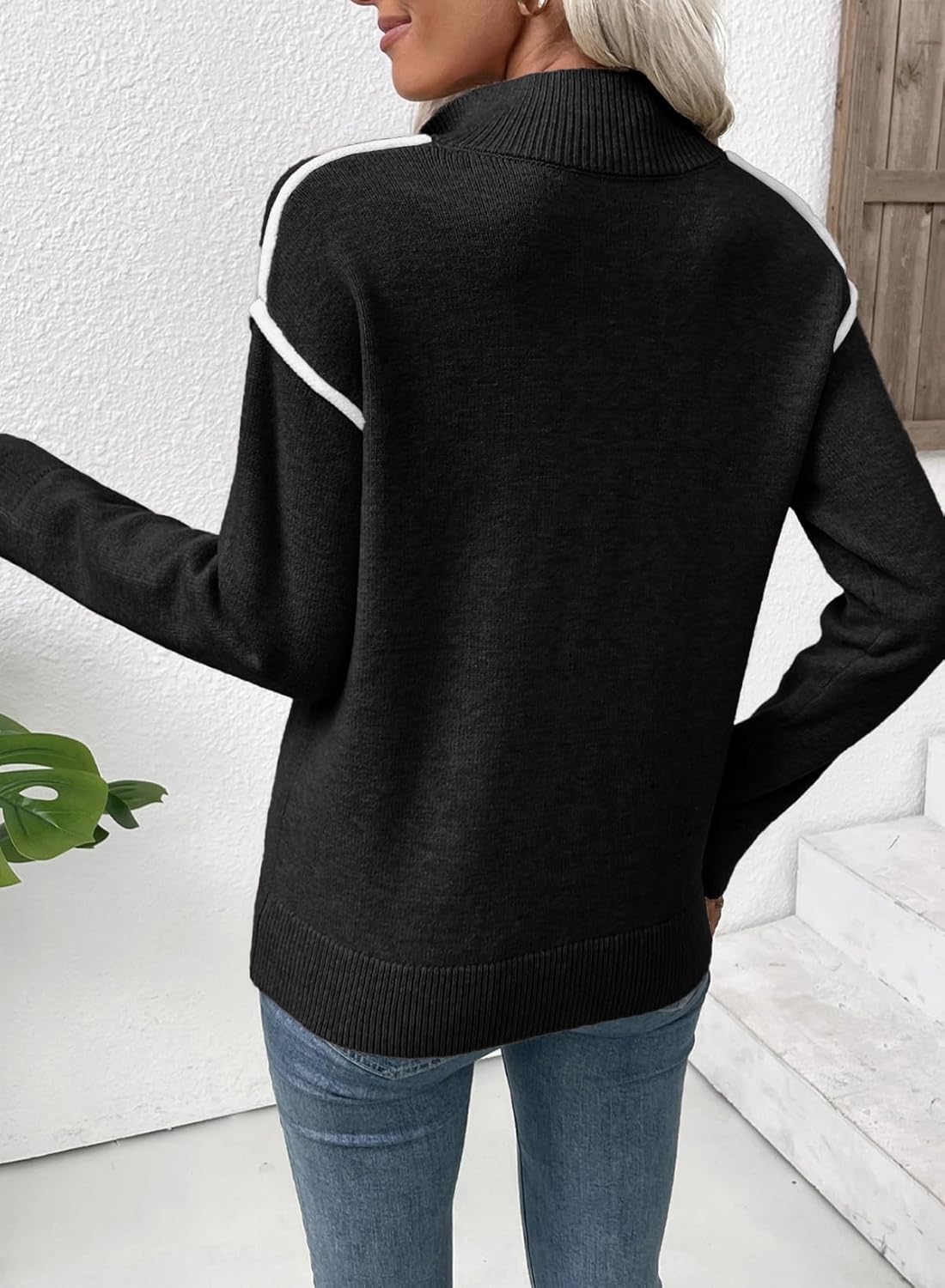 EVALESS Womens Sweaters V Neck Long Sleeve Quarter Zip Collared Ribbed Knit Dressy Casual Pullover Sweaters Outfits - Image 3