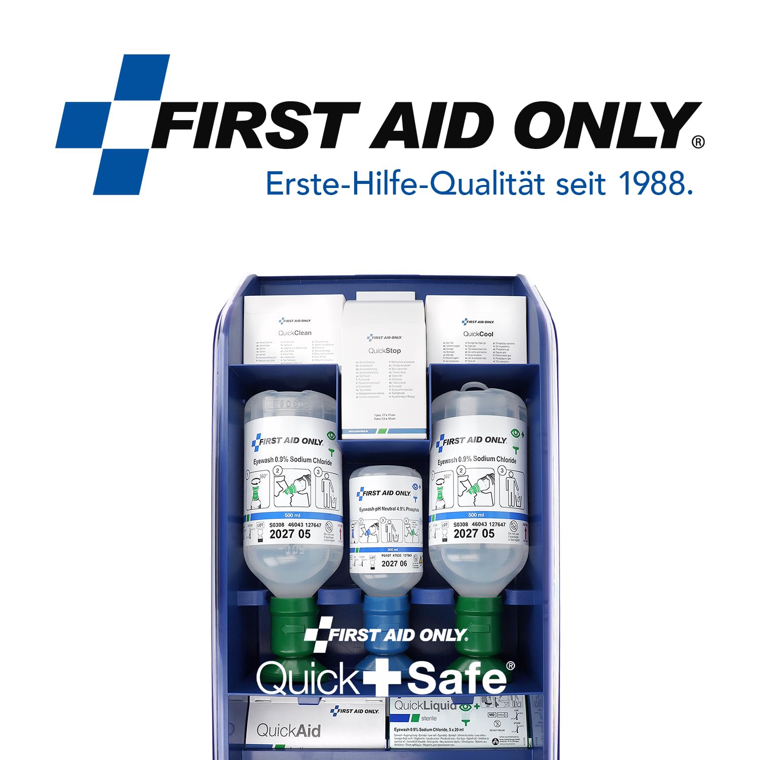 First Aid Only QuickSafe P-44027 00 - Estación de primeros auxilios para lesiones oculares, heridas, quemaduras y cortes, higiénico, a prueba de polvo, fácil de llenar