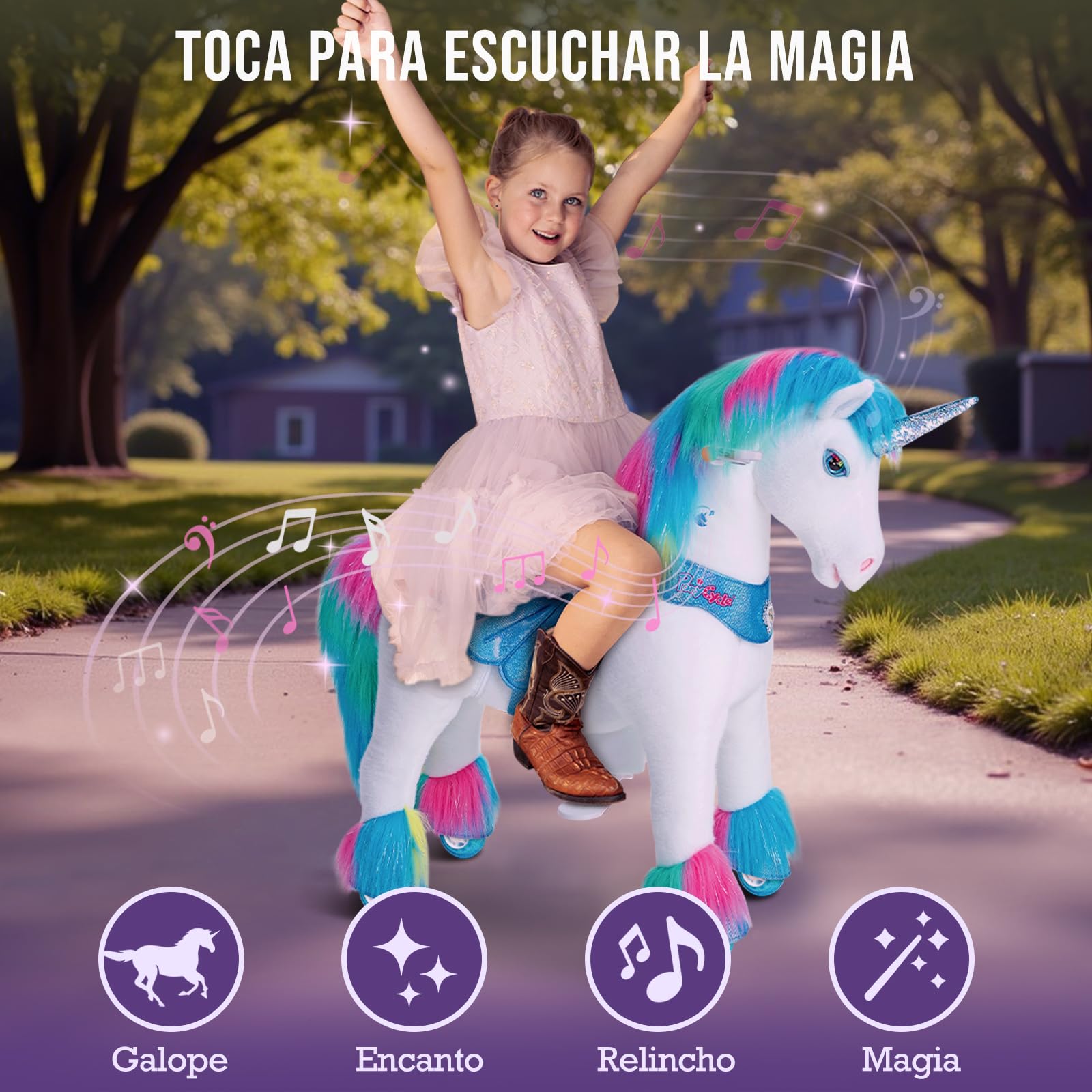 PonyCycle Unicornio De Montar Con Freno Y Sonidos – Modelo Y454 Para Niños De 4 A 7 Años, Sillín Elevado, Ruedas Antideslizantes, 4 Efectos Mágicos, Ideal Para Interior Y Exterior