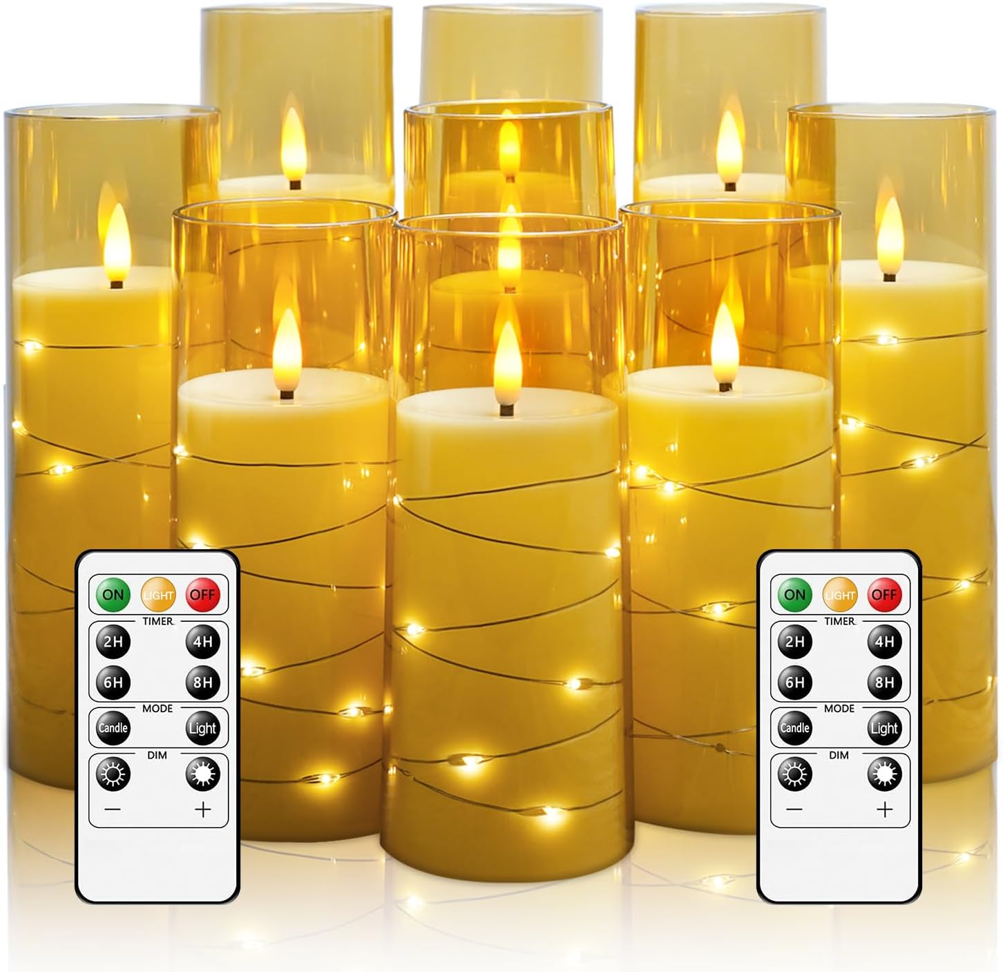 Flameless LED Candles with Timer 9 Pc Flickering Flameless Candles for Romantic Ambiance and Home Decoration Stable Acrylic Shell,with Embedded Star String，Battery Operated Candles（Gold）