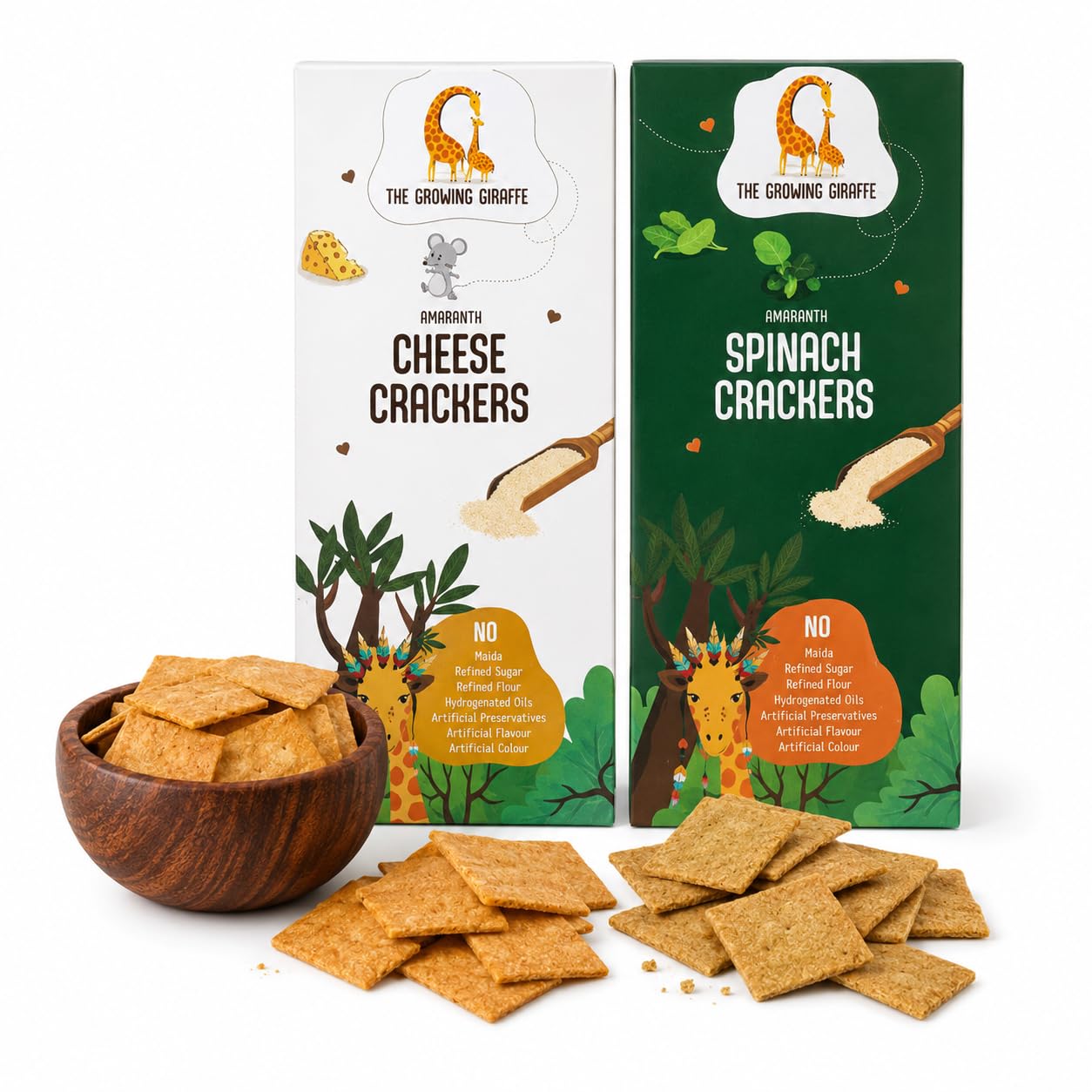 The Growing Giraffe Amaranth Cheese & Spinach Crackers Combo, Calcium-Rich, Baked, No Refined Sugar, Healthy Savoury Snack for Kids & Grown-Up Adults, 60 g Each - Pack of 2-image-22