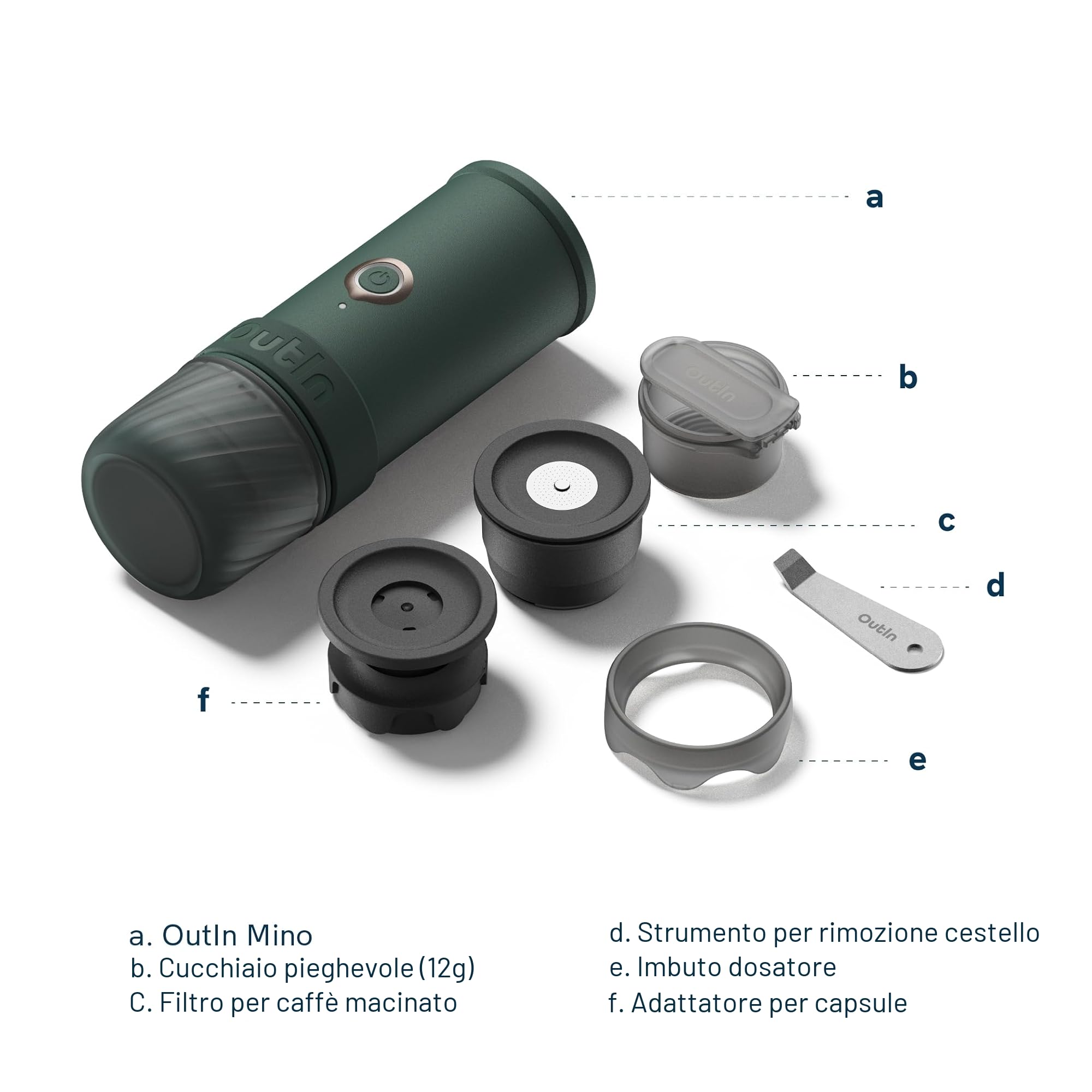 OutIn Mino Macchina per caffè espresso elettrica portatile, mini caffettiera da campeggio da viaggio, macchina da caffè tascabile con riscaldamento autonomo tramite USB-C, per qualsiasi avventura