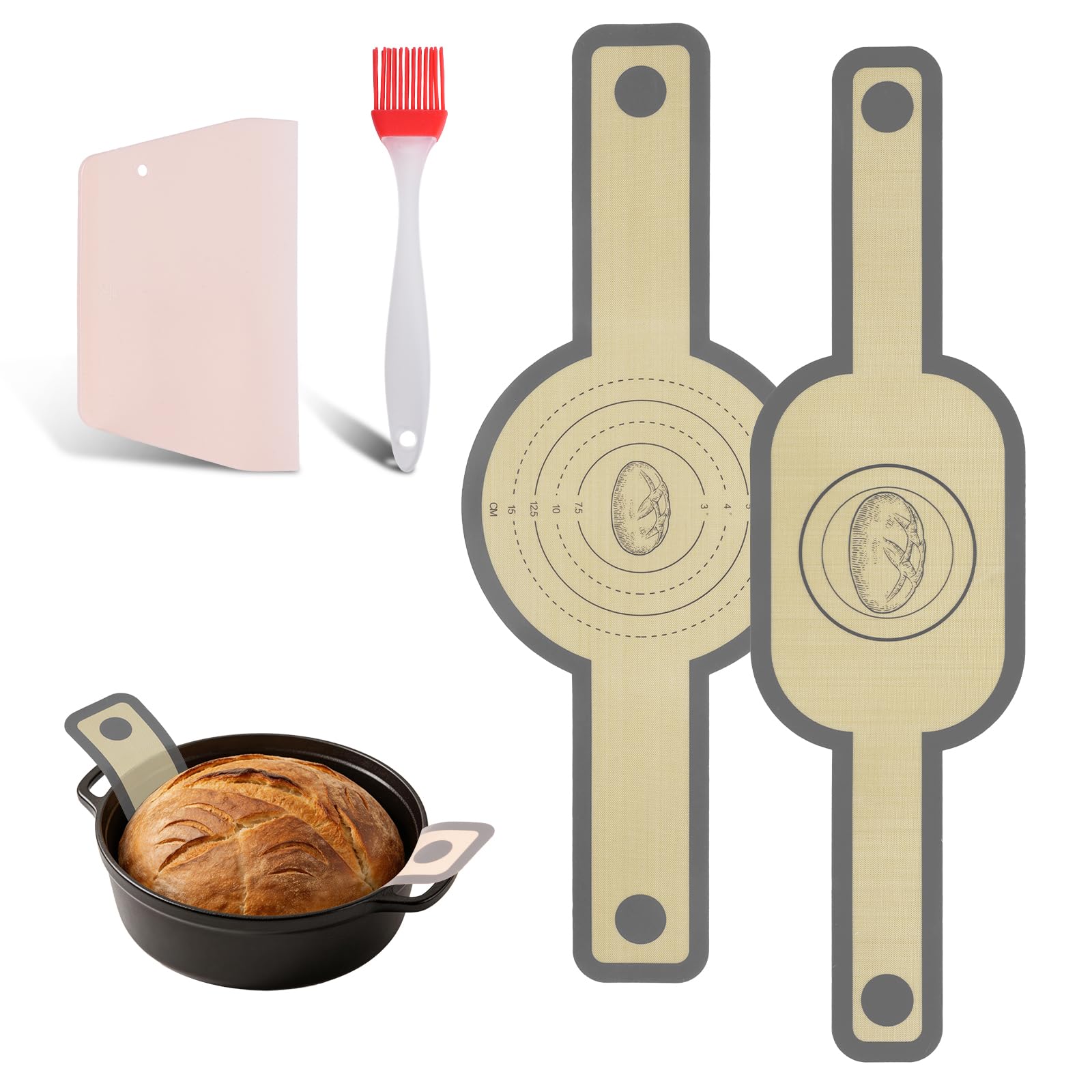 OSDUE Silicone Bread Sling for Dutch Oven, 2PCS Non-Stick Reusable Baking Mat with Extra Long Handles, Heat Resistant Bread Making Accessories for Transferring Sourdough Baking (Gray)