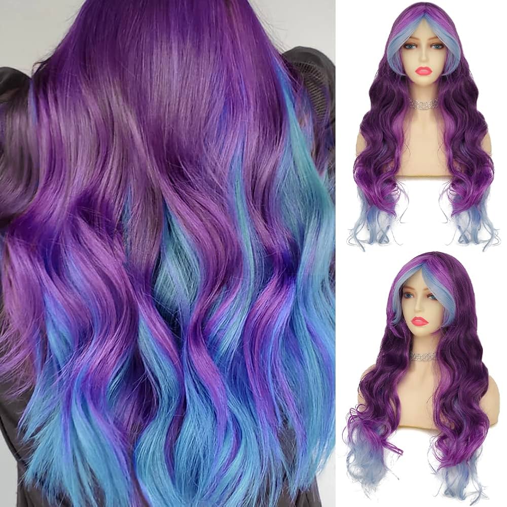 Purple Wig Mixed Blue Long Curly For Kids Girls Purple Hair Wig Funny