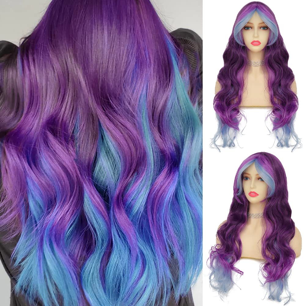 Amazon.com: Tseses Blue Purple Long Curly Wigs for Women  display picture 3